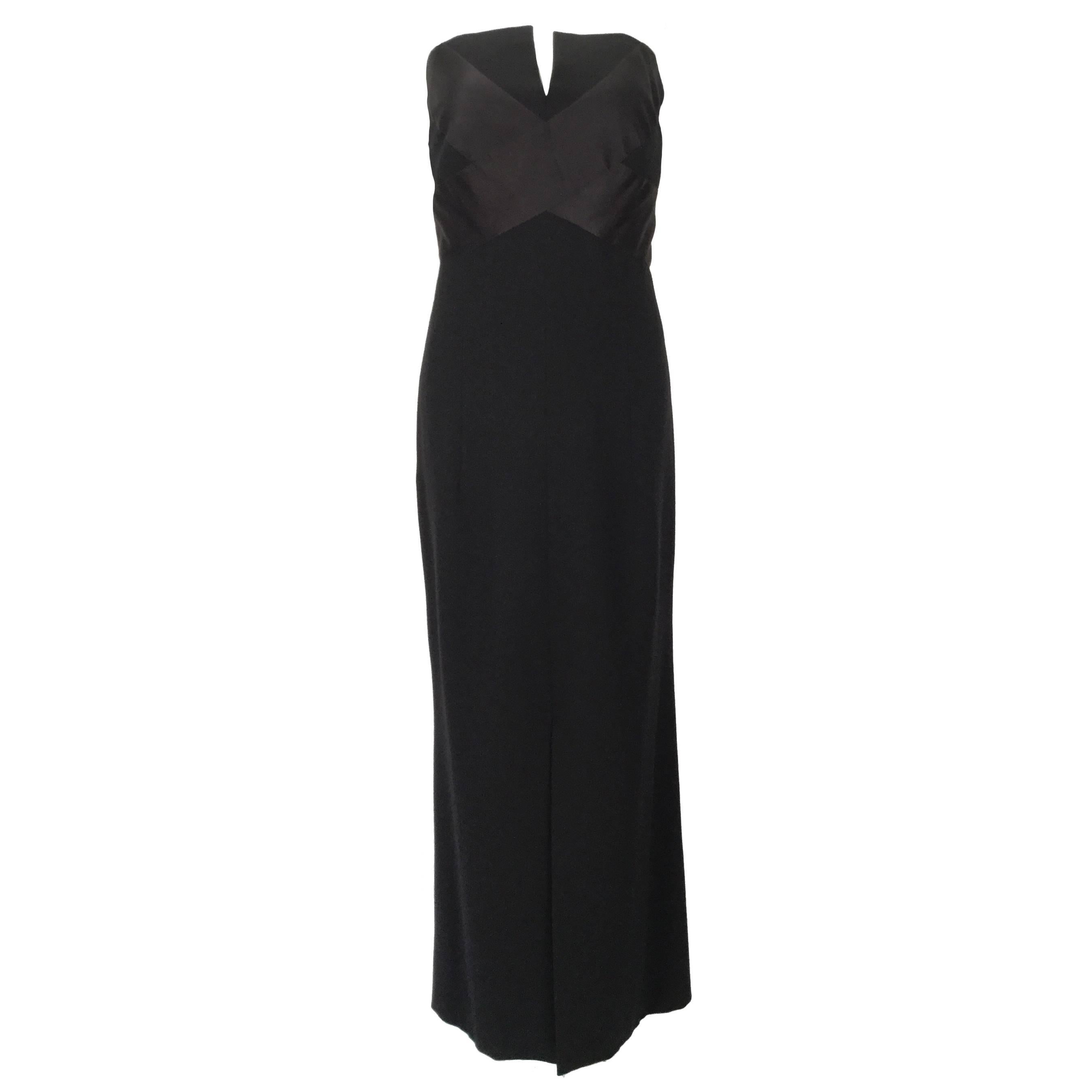 1970s Chanel Black Strapless Wool Crepe & Silk Satin Dress 16 For Sale