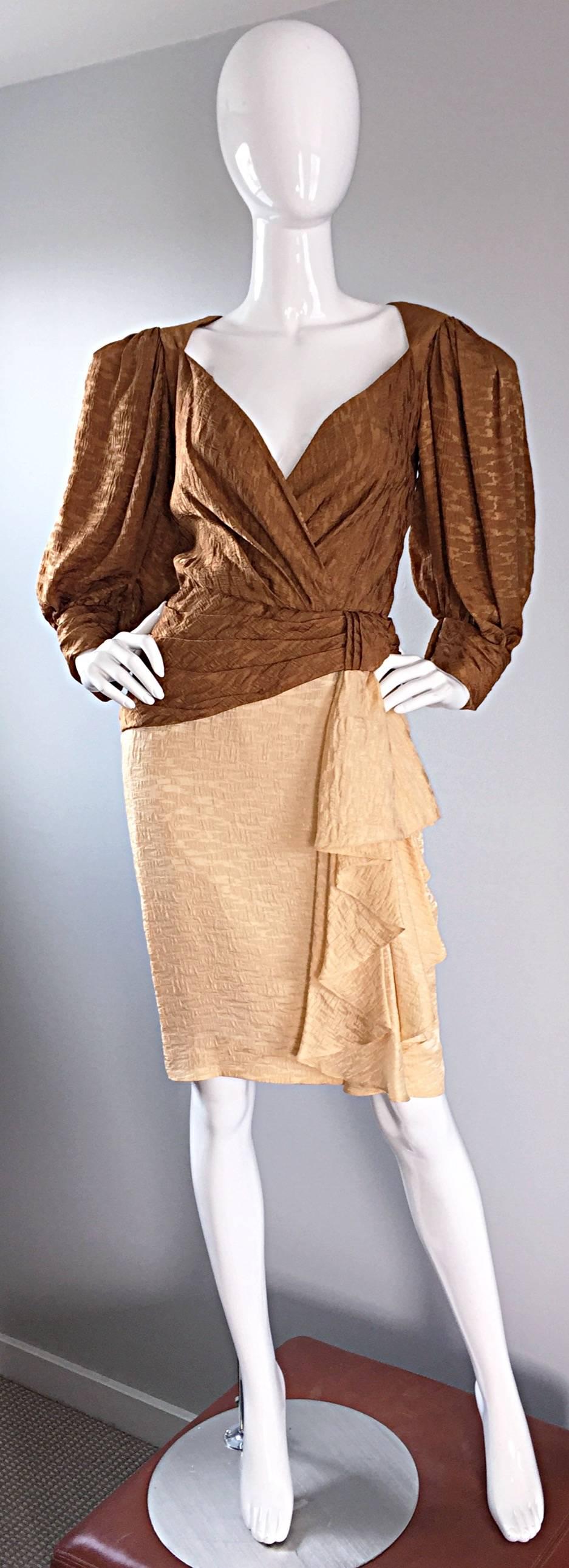 Women's Vintage Paul - Louis Orrier Demi Couture Copper + Ivory Silk Plunge Ruffle Dress