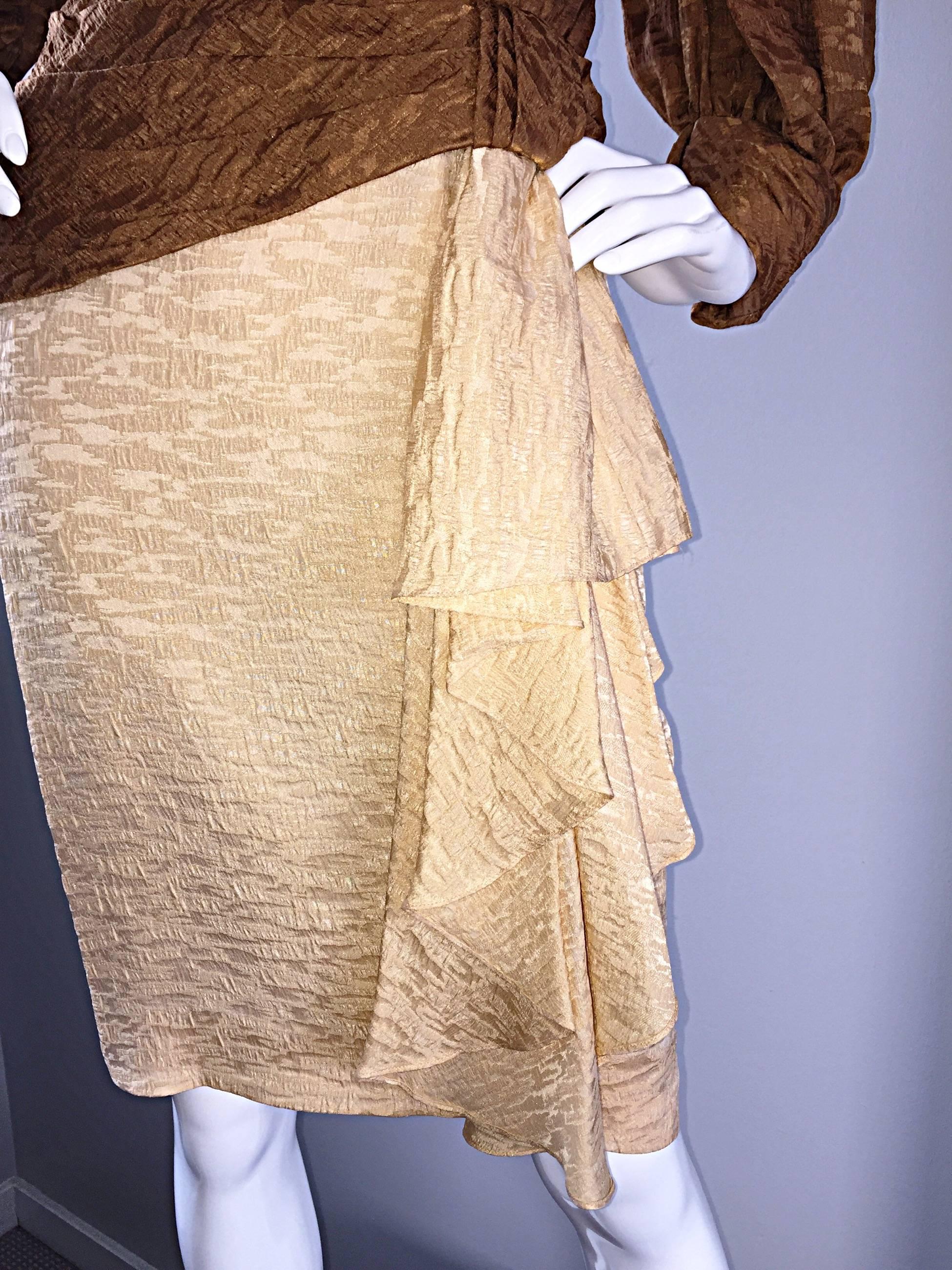Vintage Paul - Louis Orrier Demi Couture Copper + Ivory Silk Plunge Ruffle Dress 1