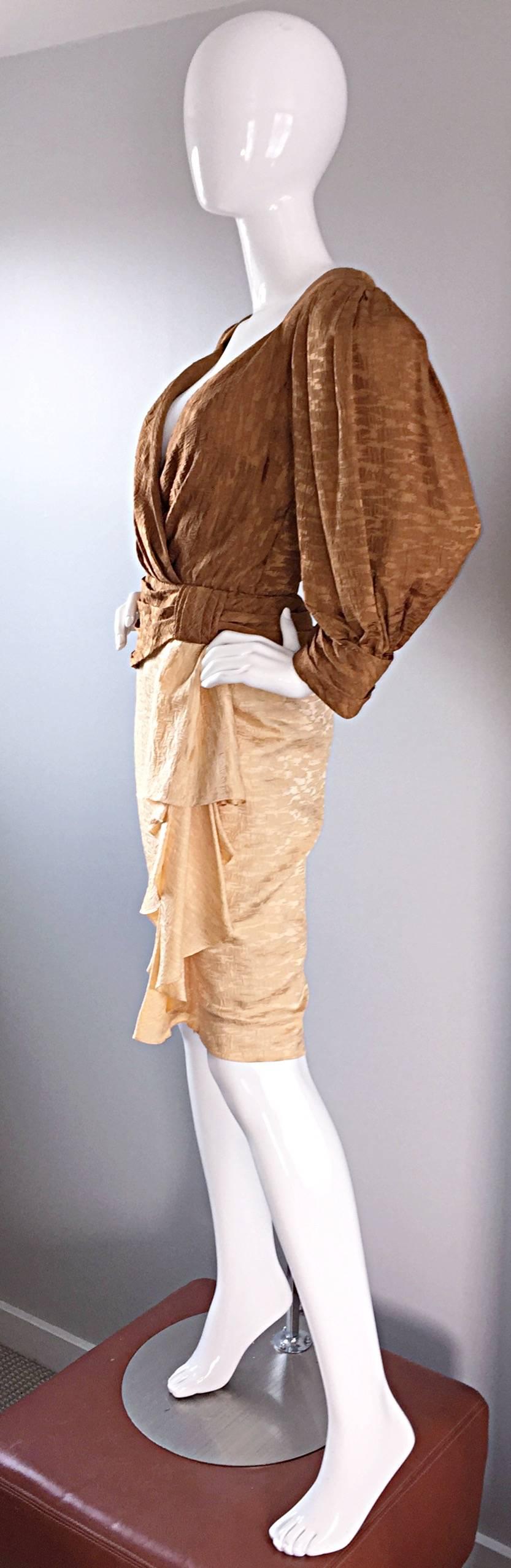 Vintage Paul - Louis Orrier Demi Couture Copper + Ivory Silk Plunge Ruffle Dress 3