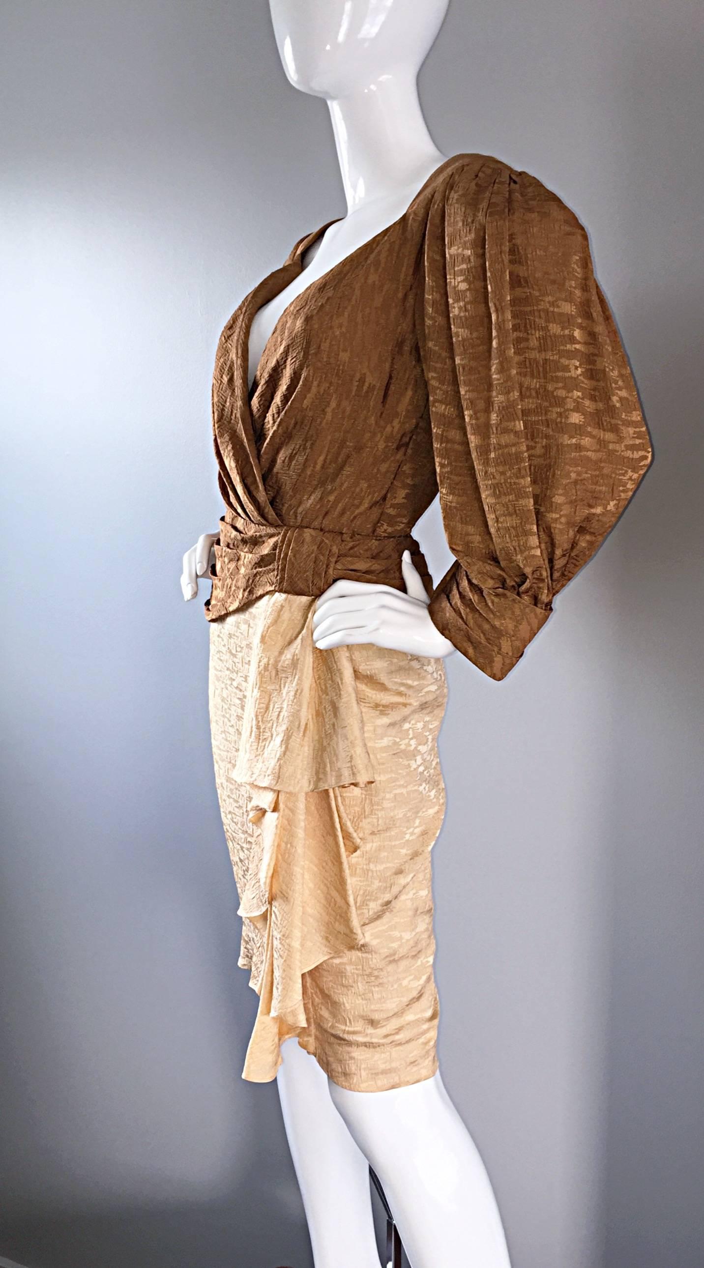 Vintage Paul - Louis Orrier Demi Couture Copper + Ivory Silk Plunge Ruffle Dress 2