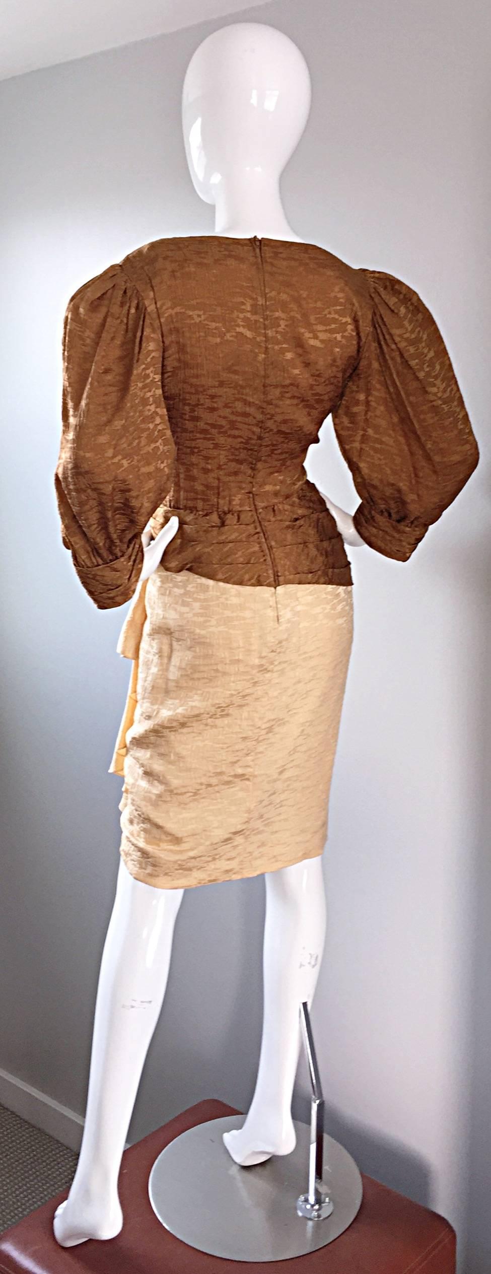 Beige Vintage Paul - Louis Orrier Demi Couture Copper + Ivory Silk Plunge Ruffle Dress