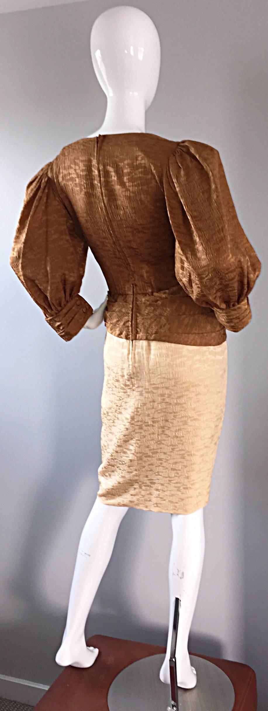 Beautiful, and sexy in a subtle way! This gorgeous vintage 1980s 80s Paul-Louis Orrier dress is a true head-turner! Vibrant copper / bronze silk bodice, with intricate pleating detail at waist, sleeve cuffs, shoulders, and bust. Chic full billow