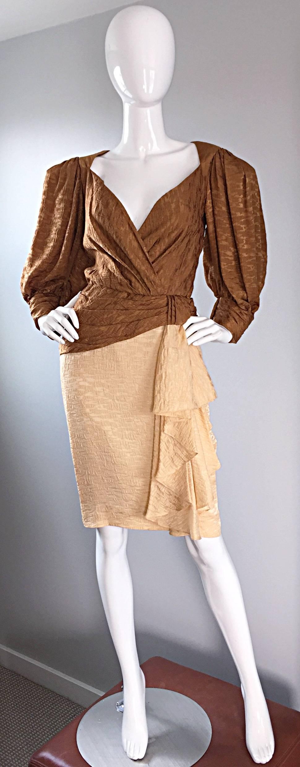 Vintage Paul - Louis Orrier Demi Couture Copper + Ivory Silk Plunge Ruffle Dress In Excellent Condition In San Diego, CA