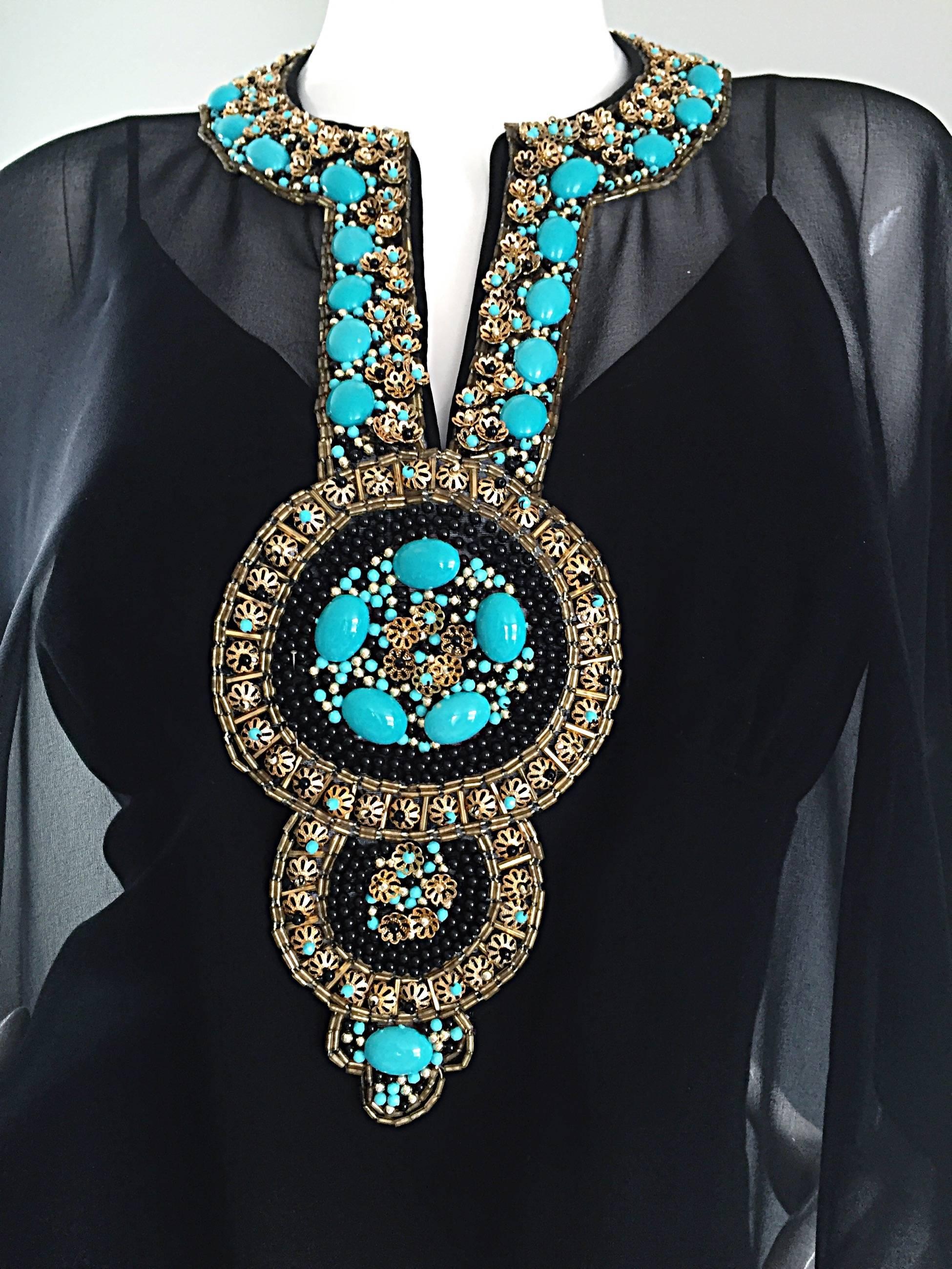 Sensational Vintage 1970s 70s Black Maxi Dress w/ Turquoise Jeweled Caftan Set 3