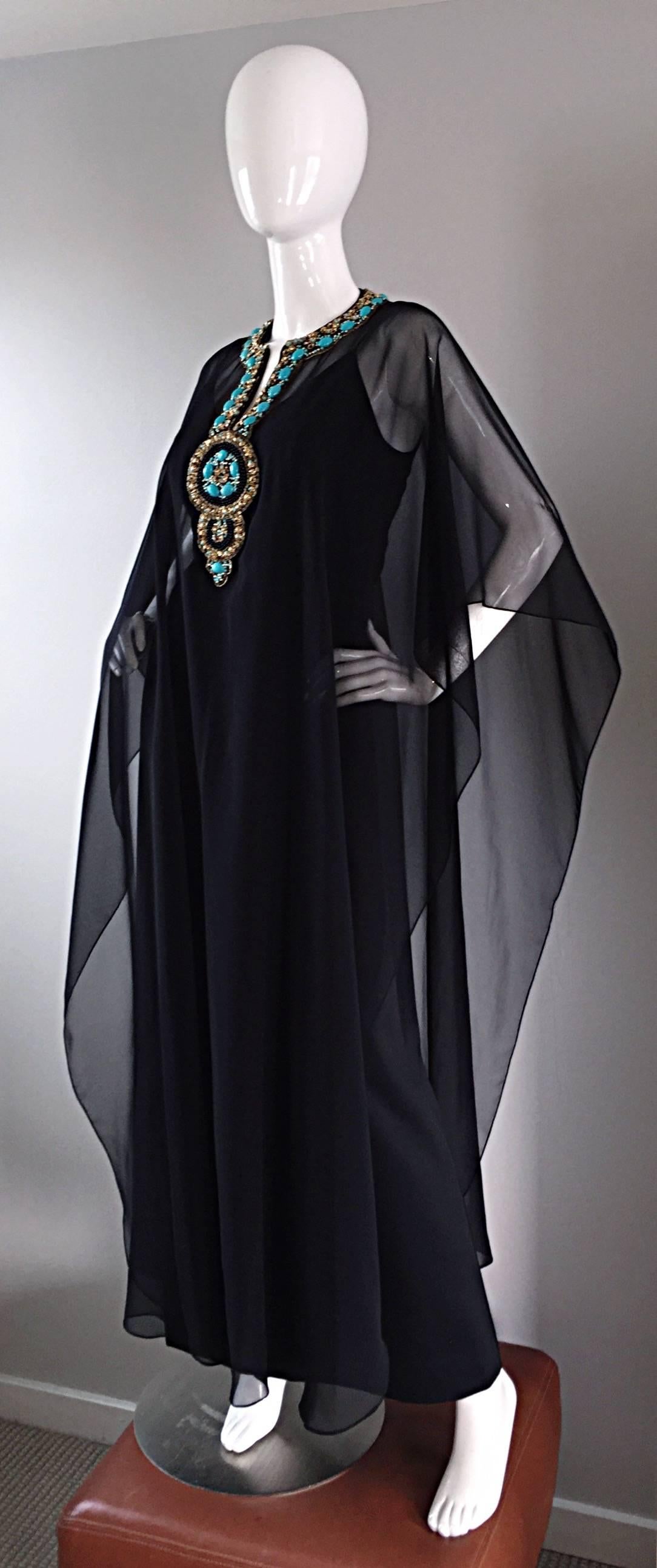Sensational Vintage 1970s 70s Black Maxi Dress w/ Turquoise Jeweled Caftan Set 2