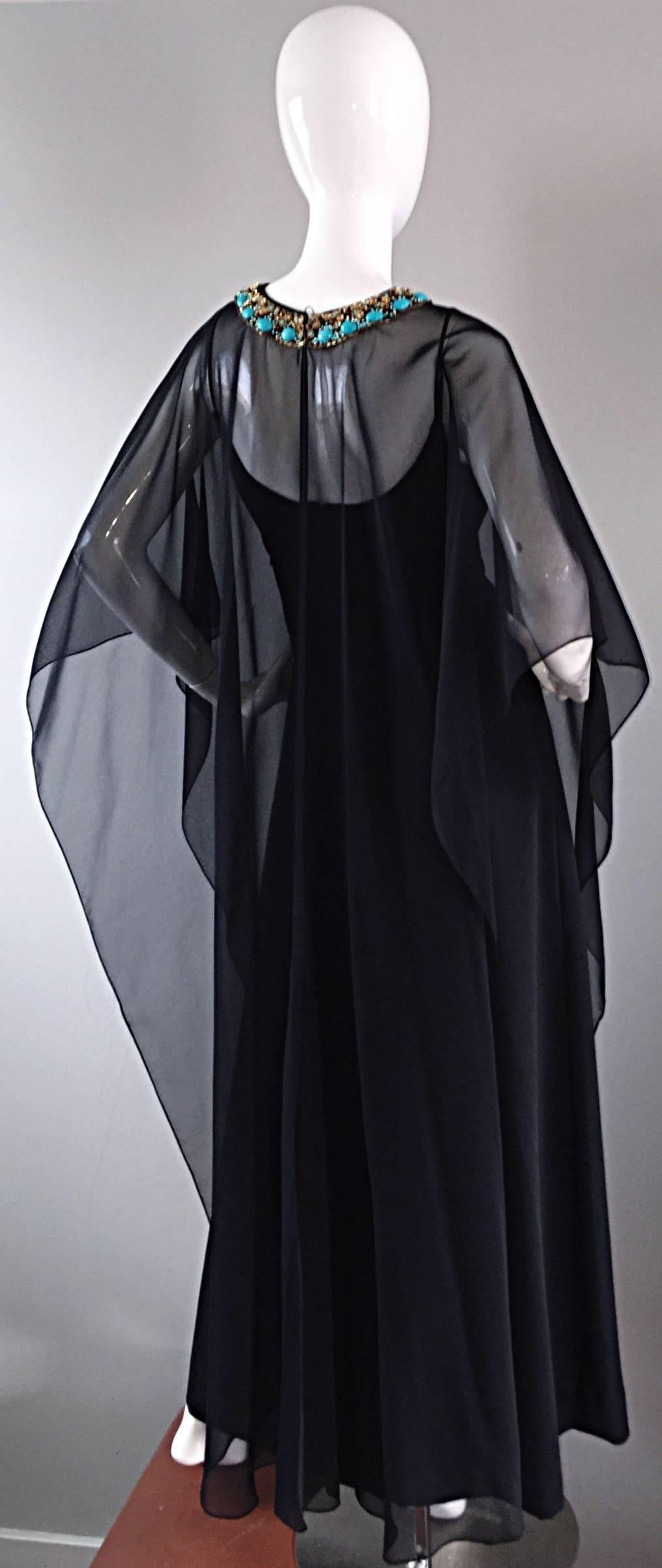 Sensational Vintage 1970s 70s Black Maxi Dress w/ Turquoise Jeweled Caftan Set In Excellent Condition In San Diego, CA