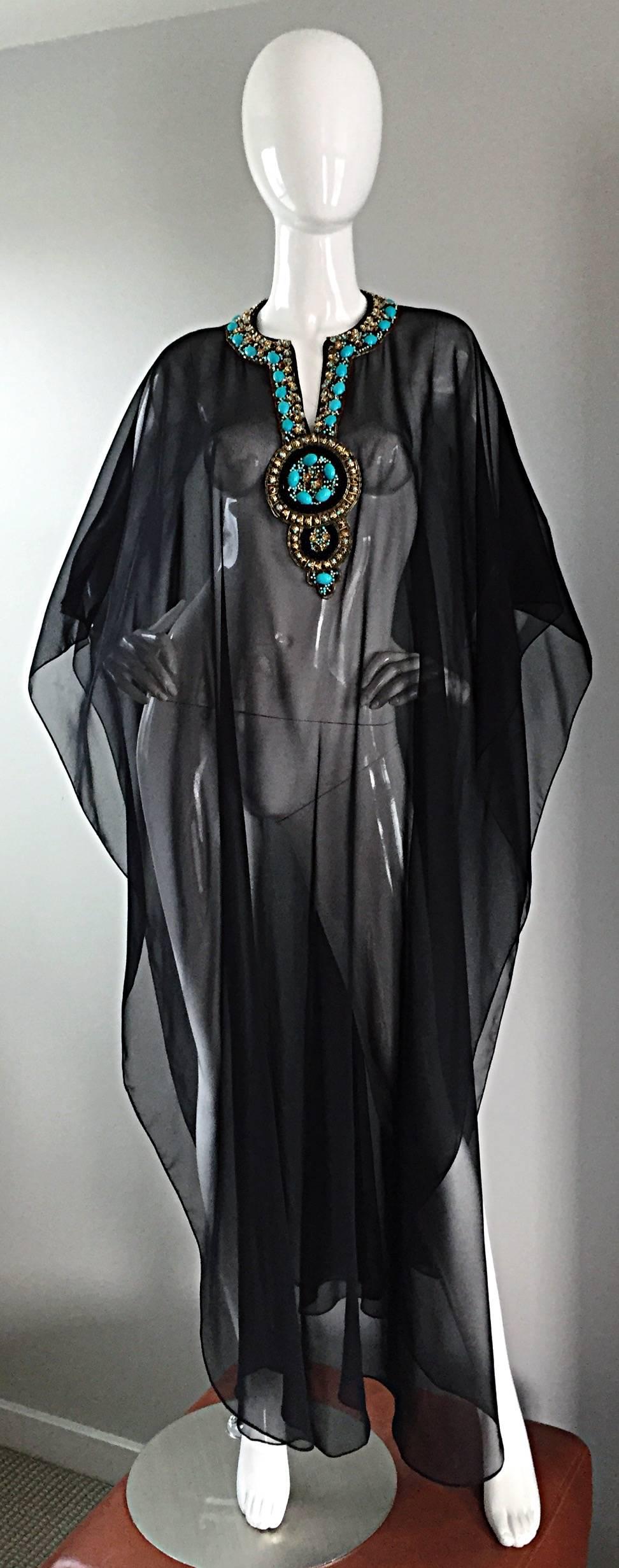 Women's Sensational Vintage 1970s 70s Black Maxi Dress w/ Turquoise Jeweled Caftan Set