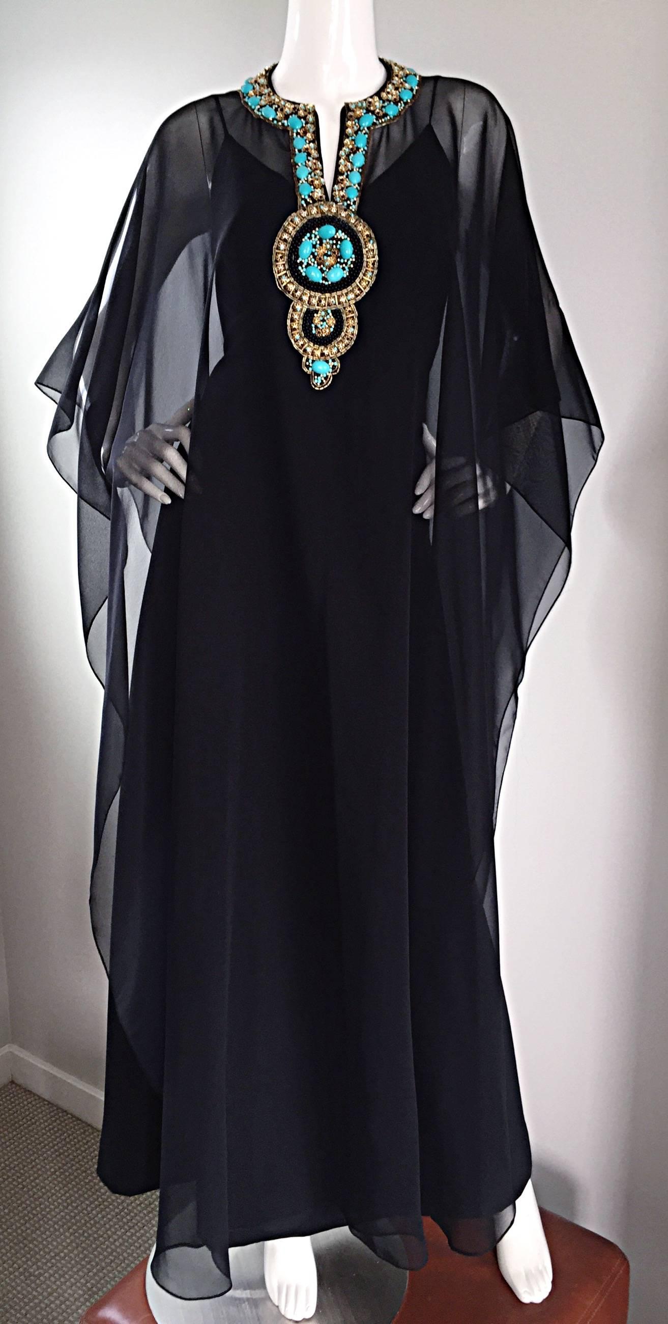 Sensational Vintage 1970s 70s Black Maxi Dress w/ Turquoise Jeweled Caftan Set 4