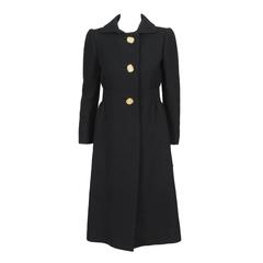 Pauline Trigere Black Wool Coat w/Inset Waist Panel & Gold Tone Buttons
