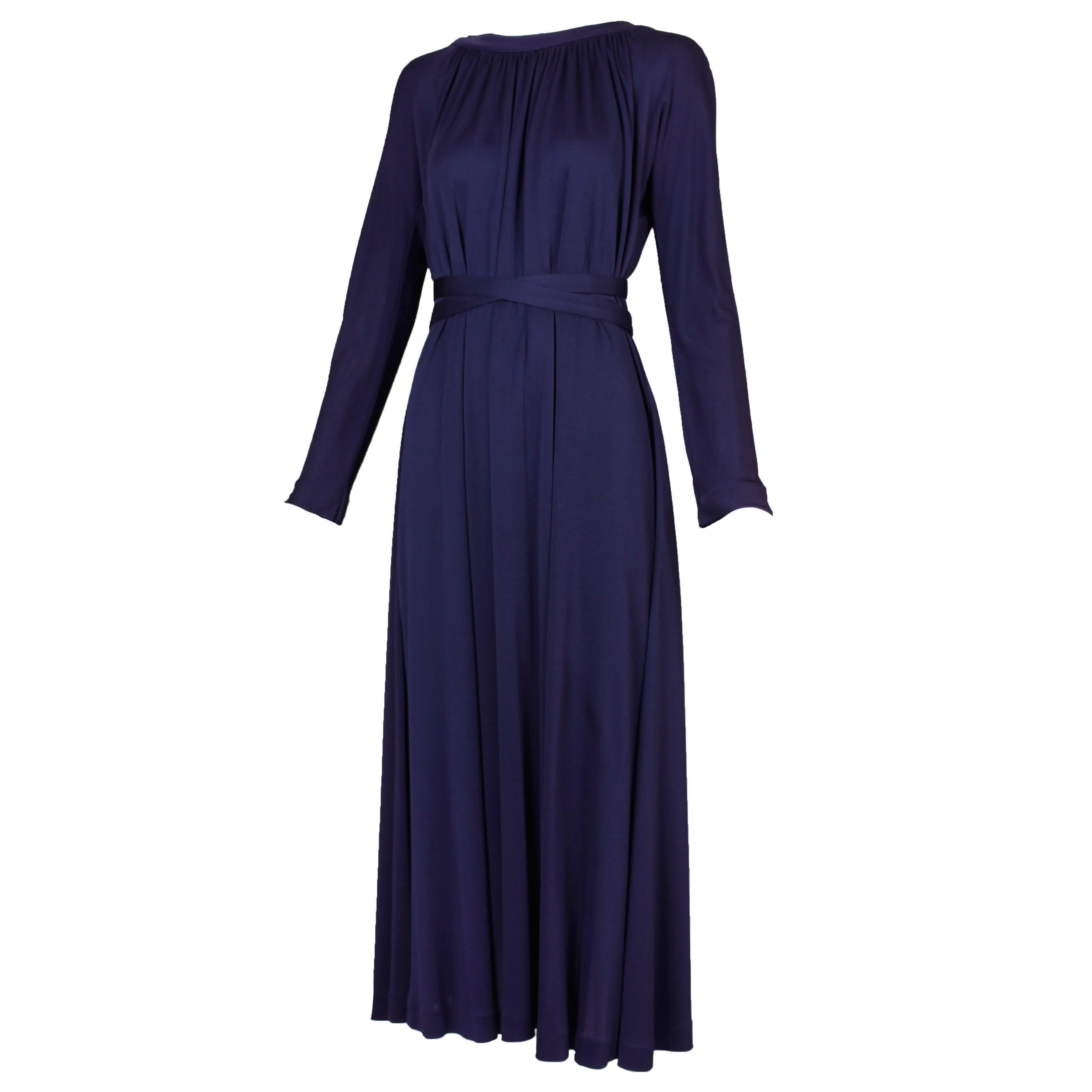 1970s Geoffrey Beene Midnight Blue Silk Jersey Dress w/Waist Ties & Deep V-Neck