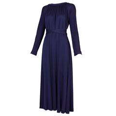 1970s Geoffrey Beene Midnight Blue Silk Jersey Dress w/Waist Ties & Deep V-Neck 1