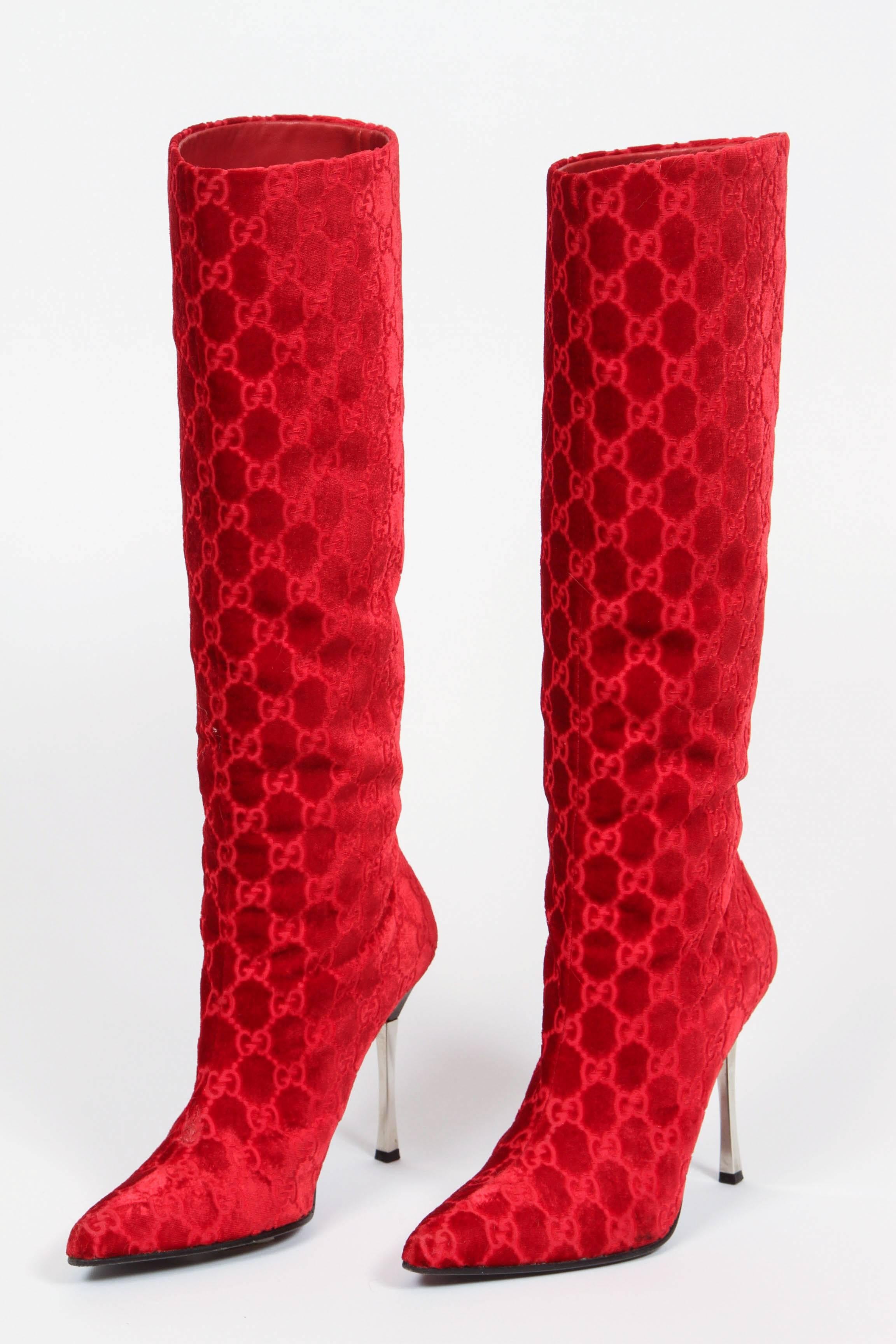 1997 Tom Ford era Gucci bright red brushed velvet pointed-toe boots with 