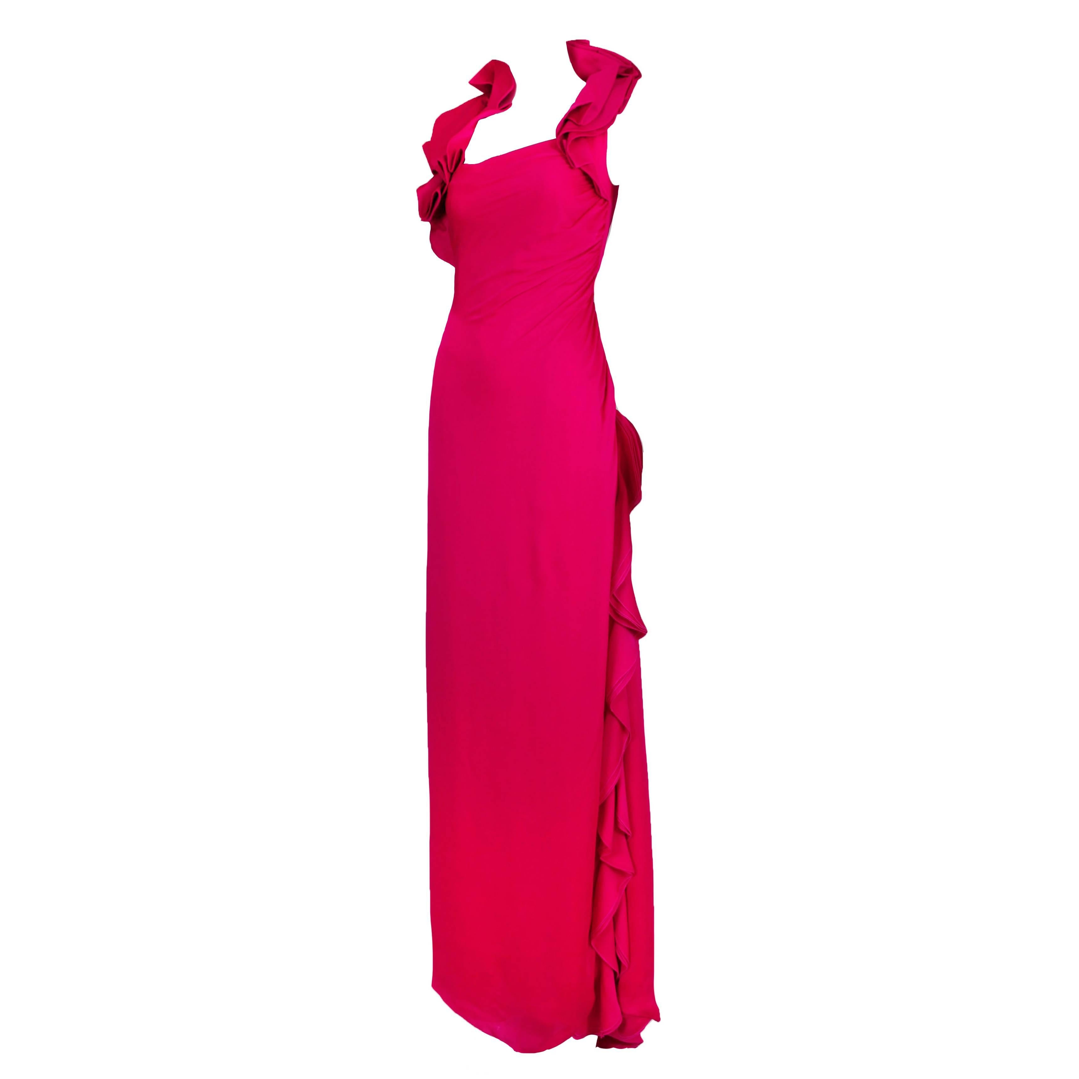 Valentino Fuchsia Silk Evening Gown Dress w/Asymmetric Collar & Ruffled Detail For Sale