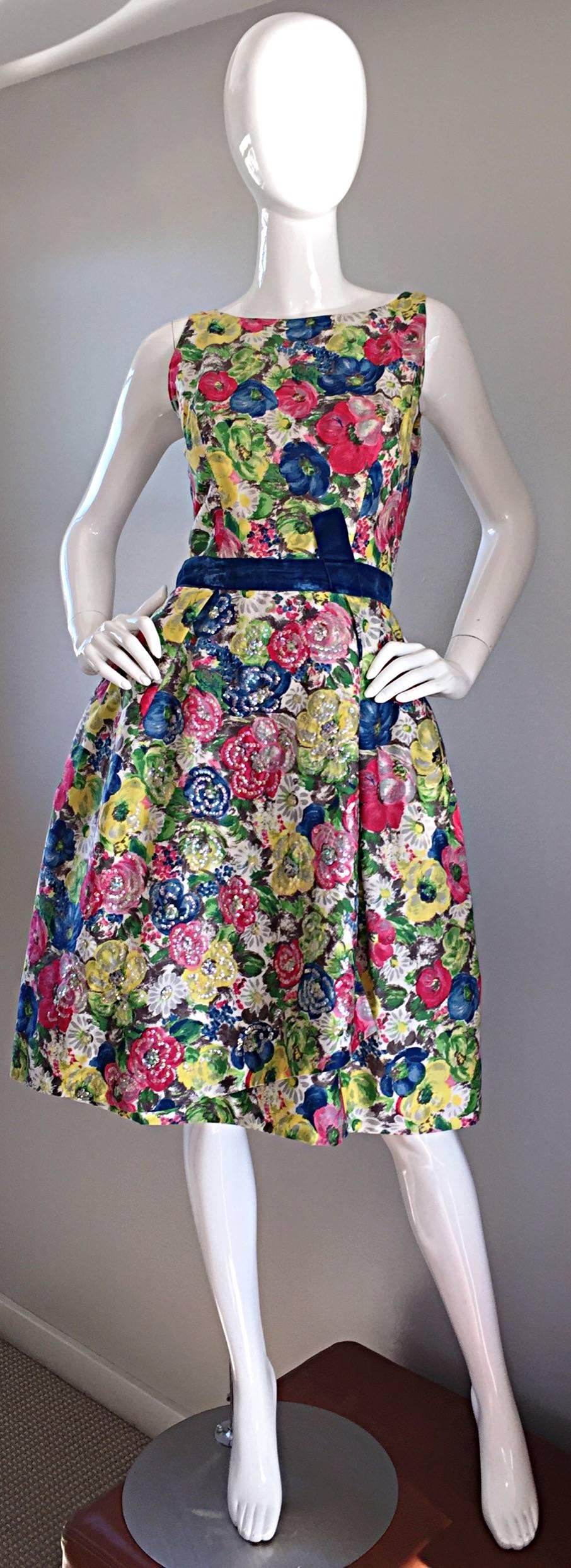 Exquisite 1950s 50s Demi Couture Floral Watercolor Vintage Silk Dress w/ Sequins 2