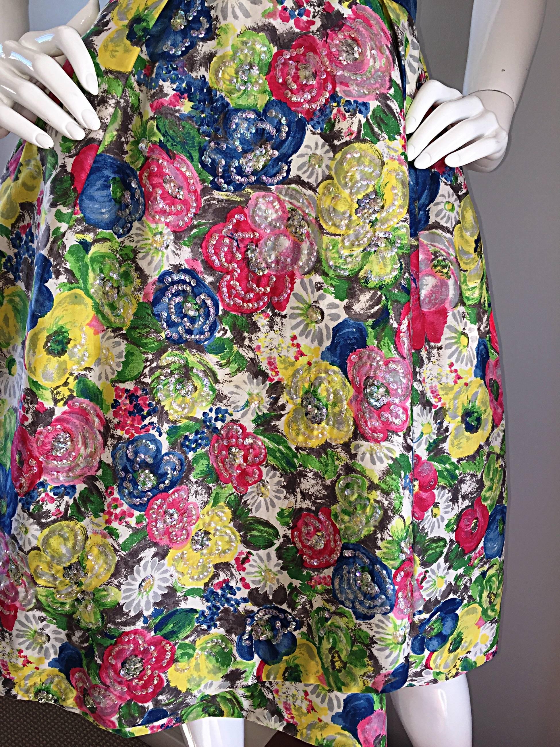Exquisite 1950s 50s Demi Couture Floral Watercolor Vintage Silk Dress w/ Sequins 3