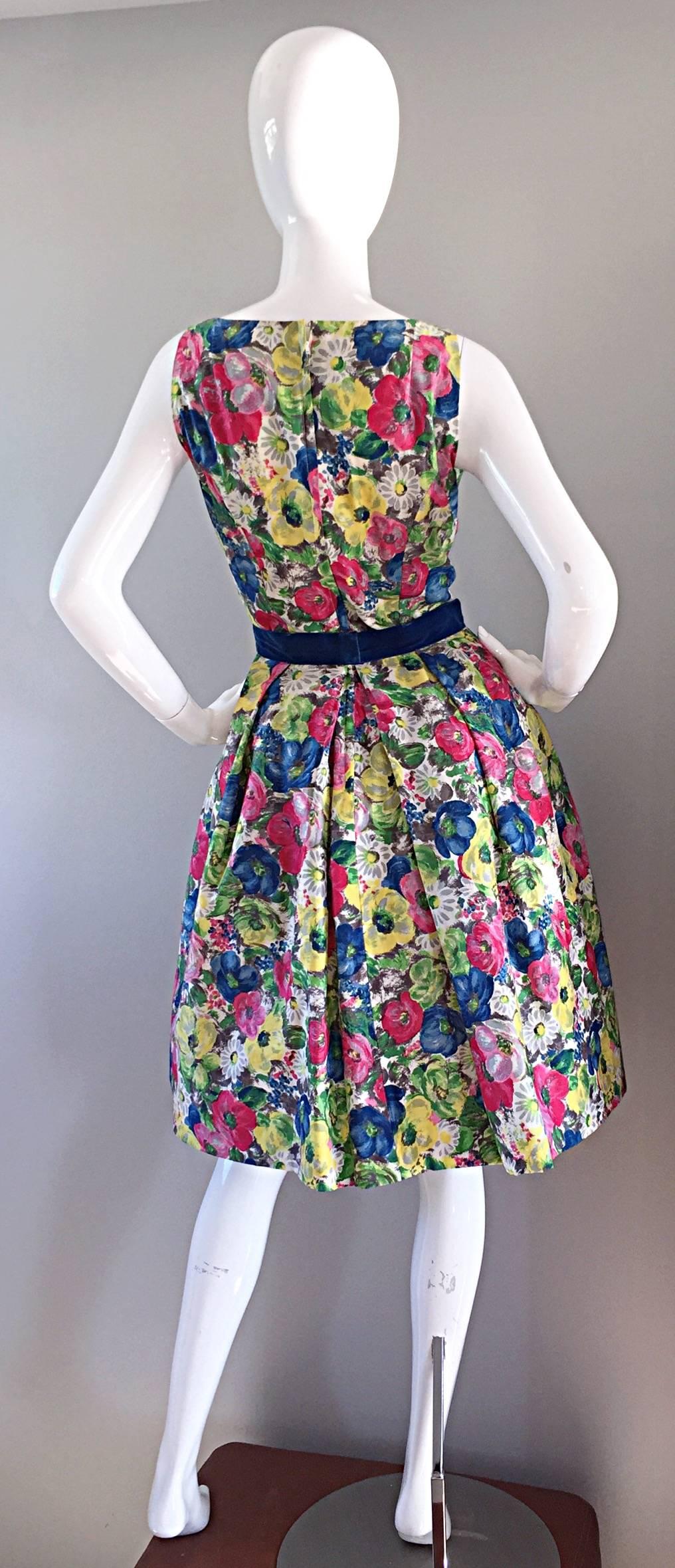 Exquisite 1950s 50s Demi Couture Floral Watercolor Vintage Silk Dress w/ Sequins 1