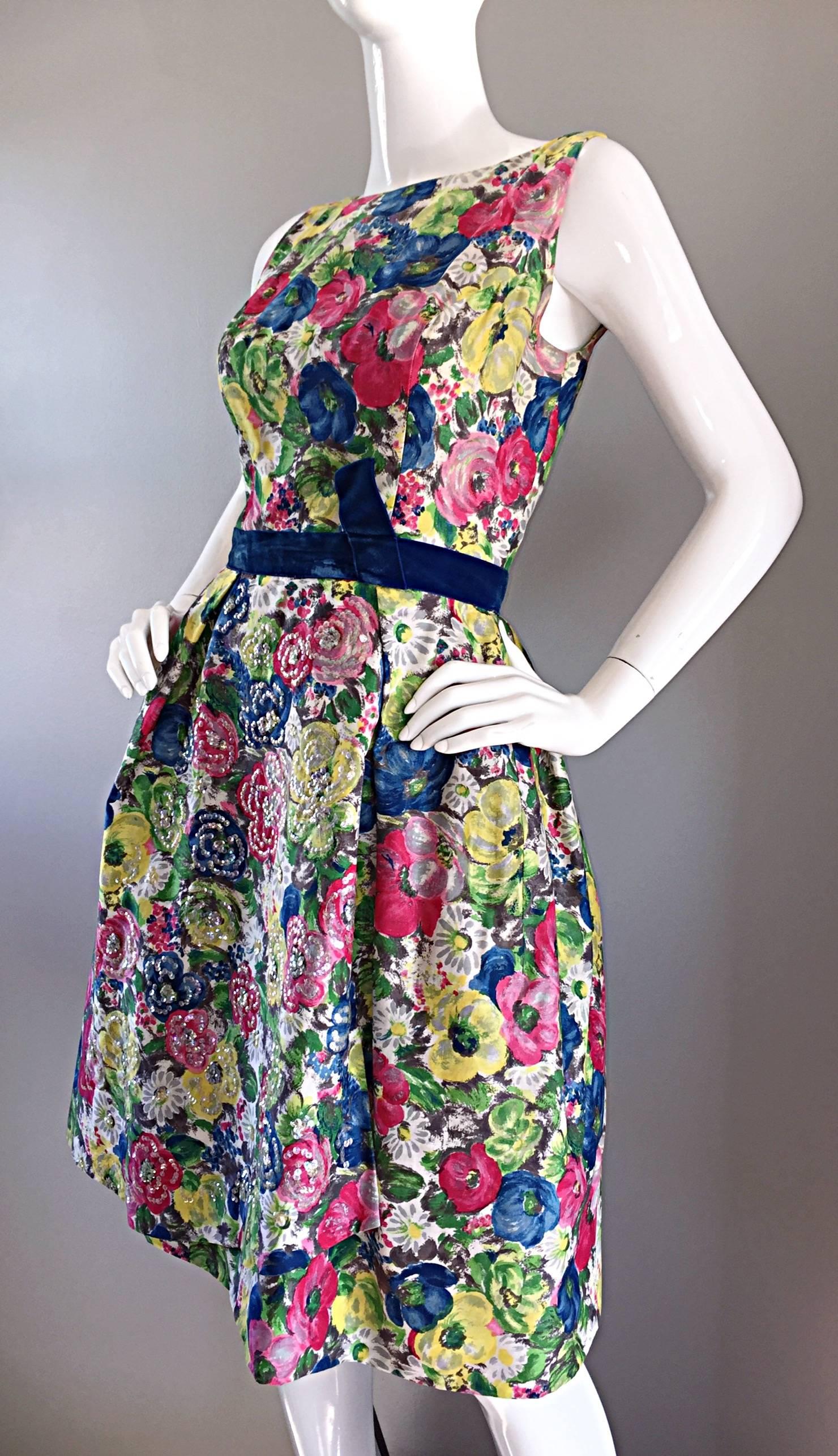 Brown Exquisite 1950s 50s Demi Couture Floral Watercolor Vintage Silk Dress w/ Sequins