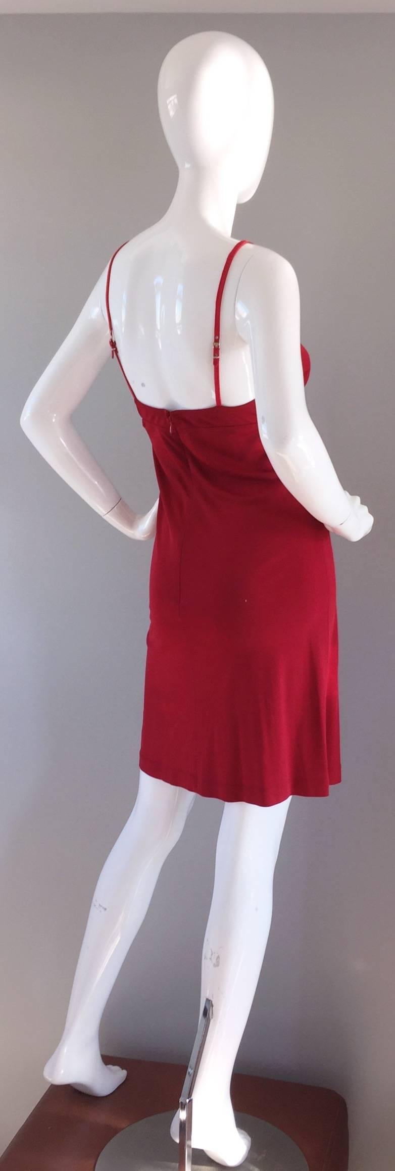 Sexy 1990s Gianfranco Ferre candy apple red rayon jersey bodycon mini dress! SO much detail, that flatters the shape like no other! Features buckles on the back straps, to adjust length. Straps are backed in leather, to ensure they stay up. Can