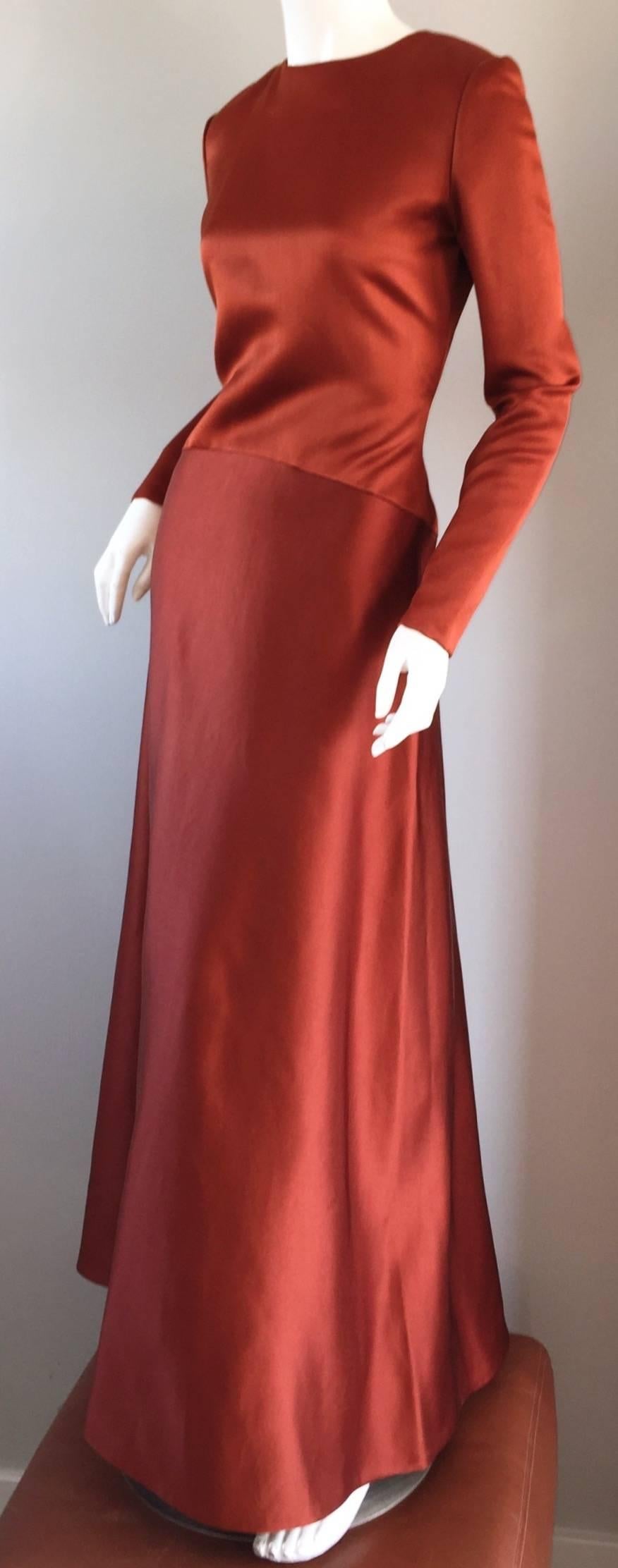 Exceptional Vintage Bill Blass Copper Long Sleeve Silk Satin Evening Gown  In Excellent Condition In San Diego, CA