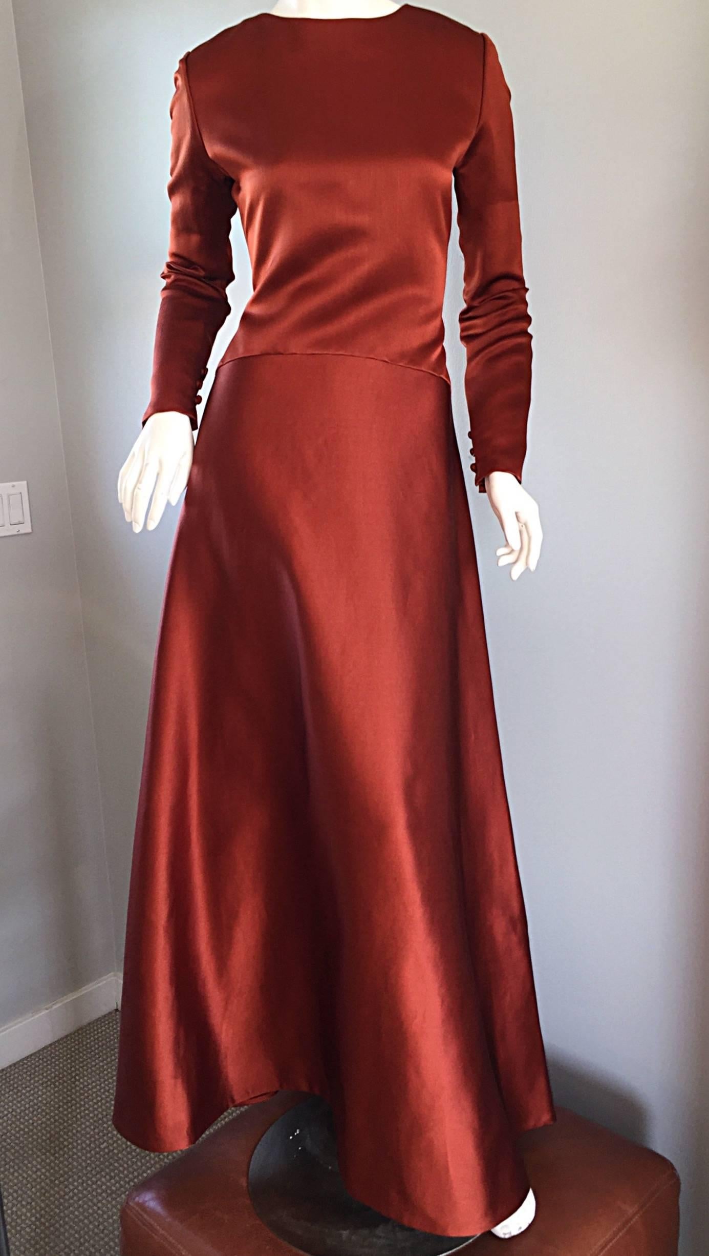 Women's Exceptional Vintage Bill Blass Copper Long Sleeve Silk Satin Evening Gown 