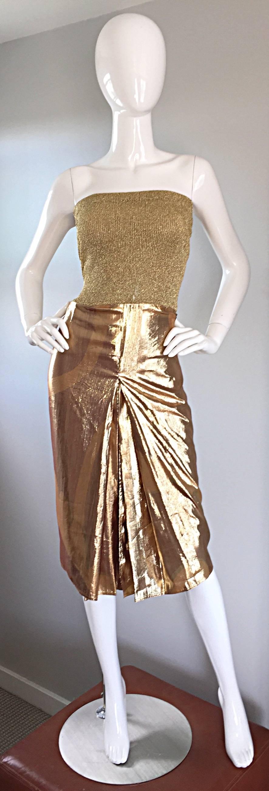 Brown Amazing Vintage Gianfranco Ferre Gold Silk + Lame Strapless Pleated Sexy Dress