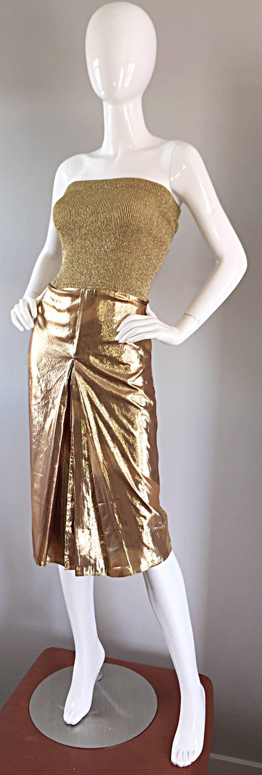 Amazing Vintage Gianfranco Ferre Gold Silk + Lame Strapless Pleated Sexy Dress In Excellent Condition In San Diego, CA