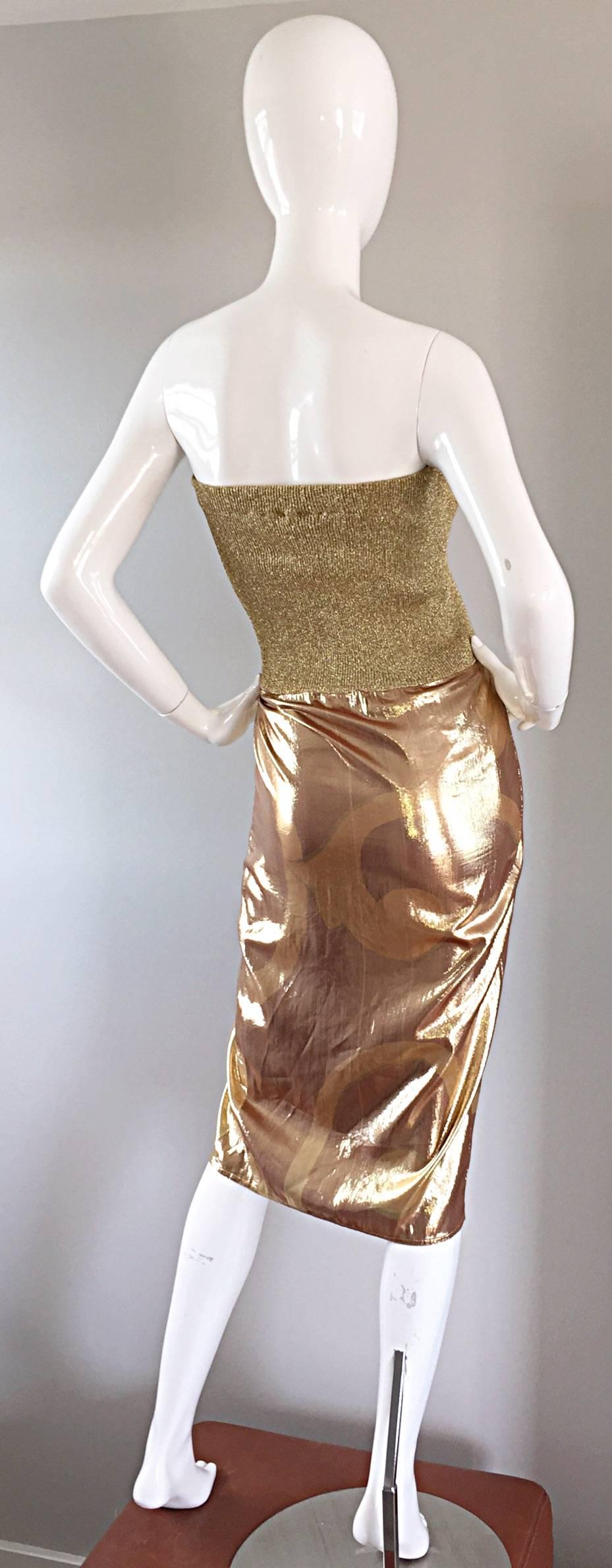 Amazing, sexy vintage GIANFRANCO FERRE gold silk and lame strapless dress! So much detail went into the production of this beauty! Pleated silk lame skirt, with a gold metallic stretch bodice. Lining features red and gold swirl screen print, that