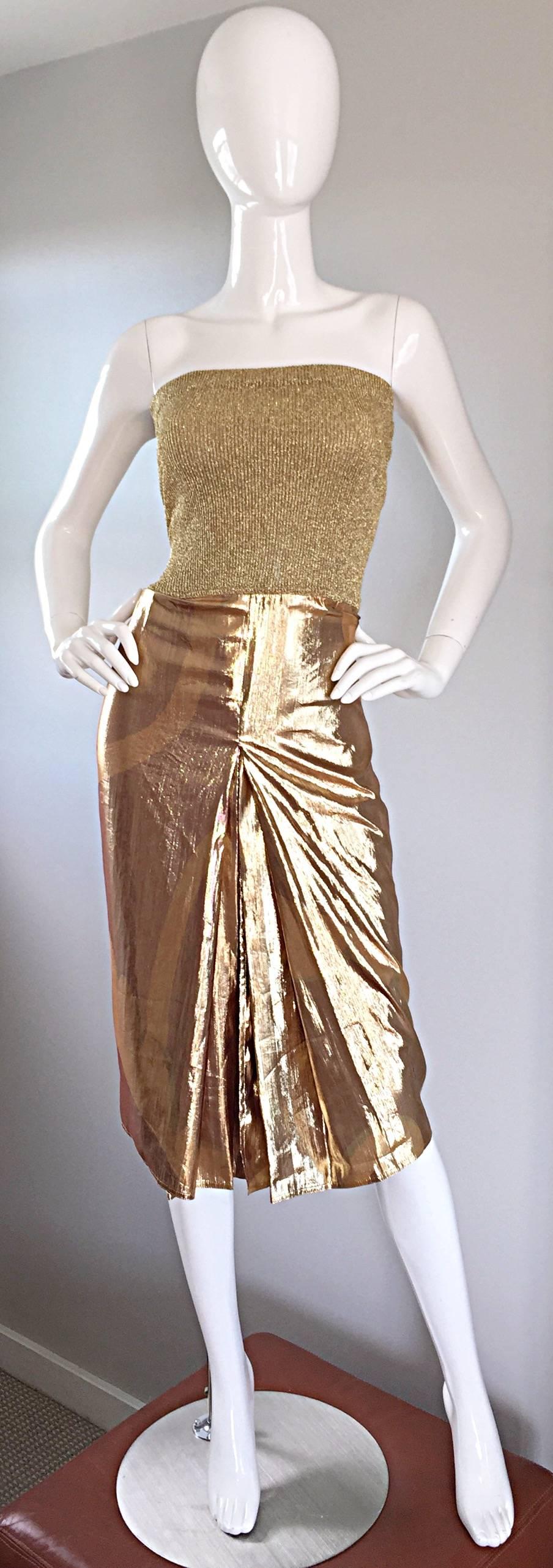 Women's Amazing Vintage Gianfranco Ferre Gold Silk + Lame Strapless Pleated Sexy Dress