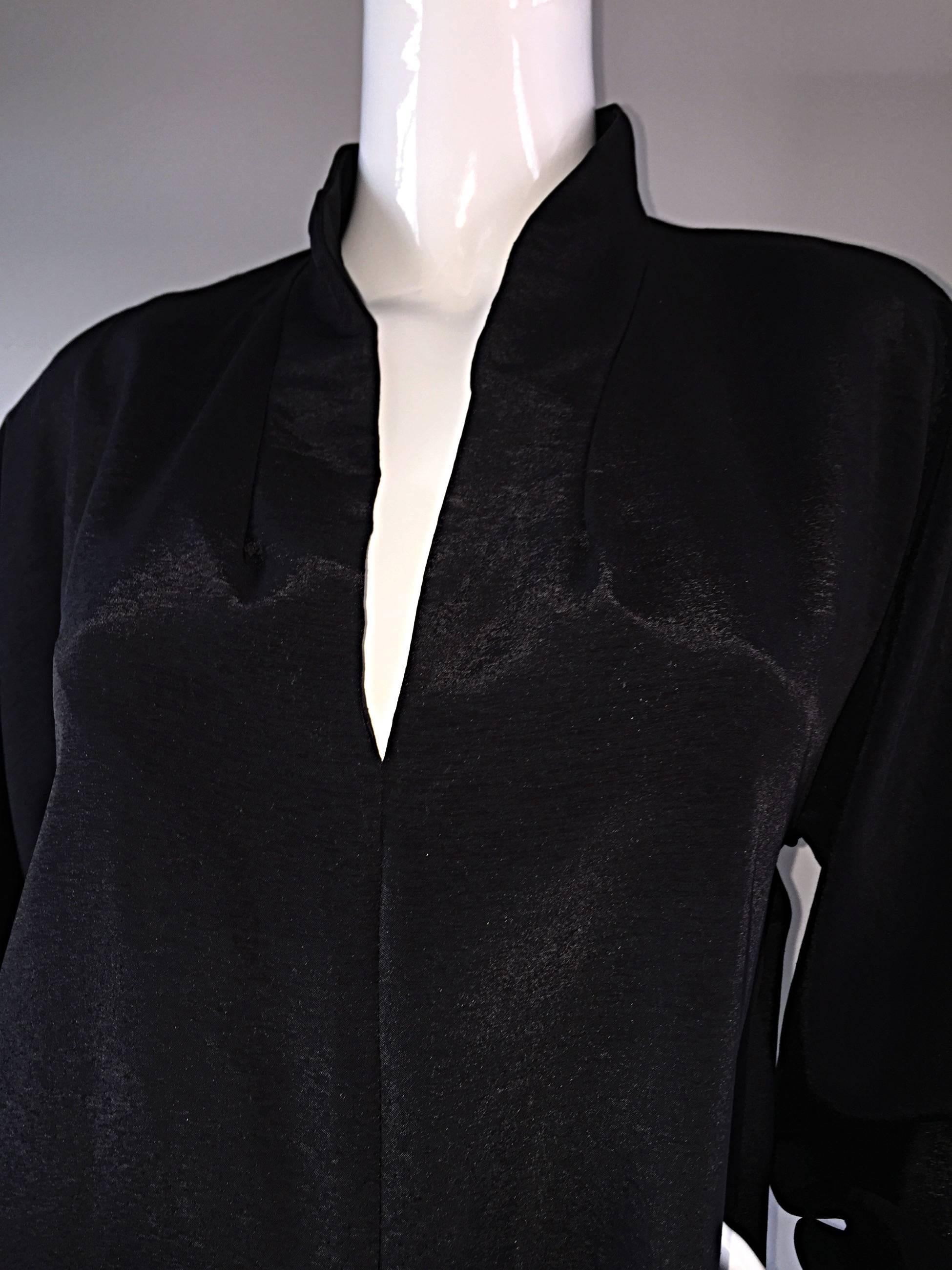 Women's Rare Vintage Halston Black Caftan Silk Dress w/ Empire Waist & Billow Sleeves