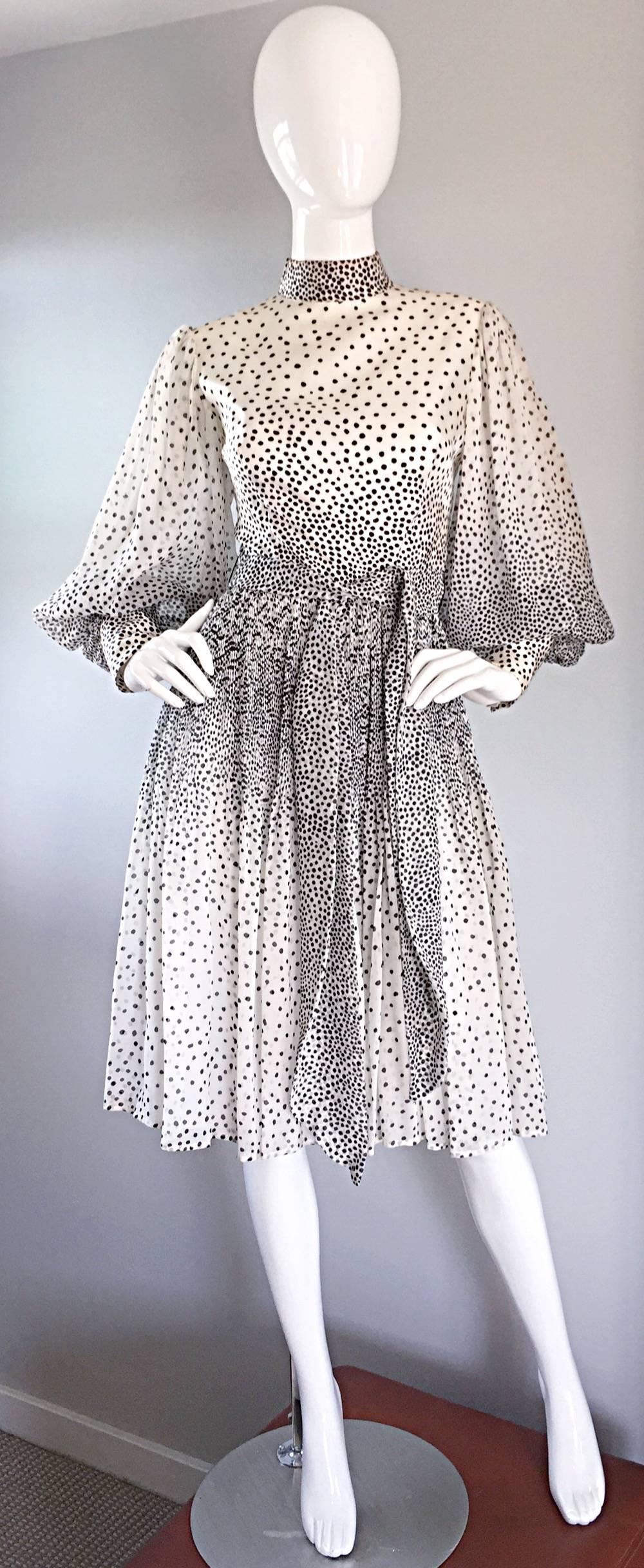 Mollie Parnis 1960s 60s Chic Black & White Polka Dot Silk Chiffon Vintage Dress  1