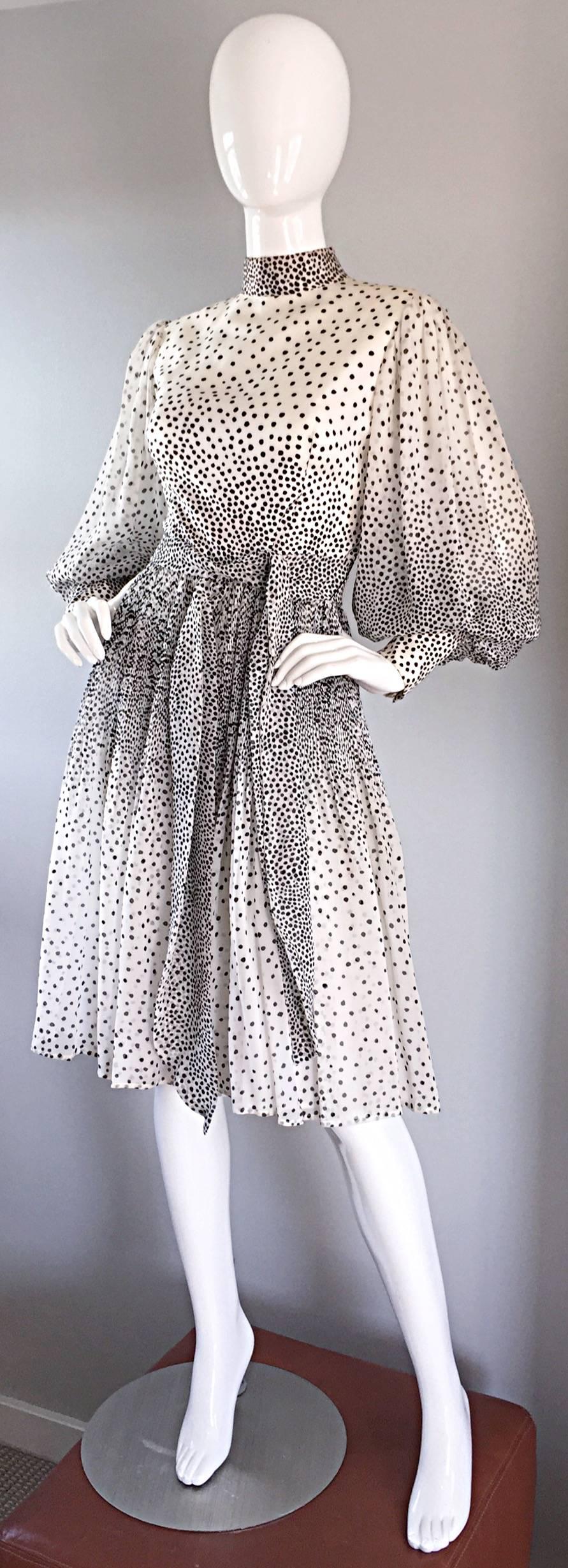 Chic 1960s Mollie Parnis silk dress, with extravagant chiffon balloon sleeves. Absolutely beautiful on! Black and white polka dots, in a 'splatter paint' pattern. Beautiful full chiffon skirt. Detachable matching chiffon belt, which also looks great