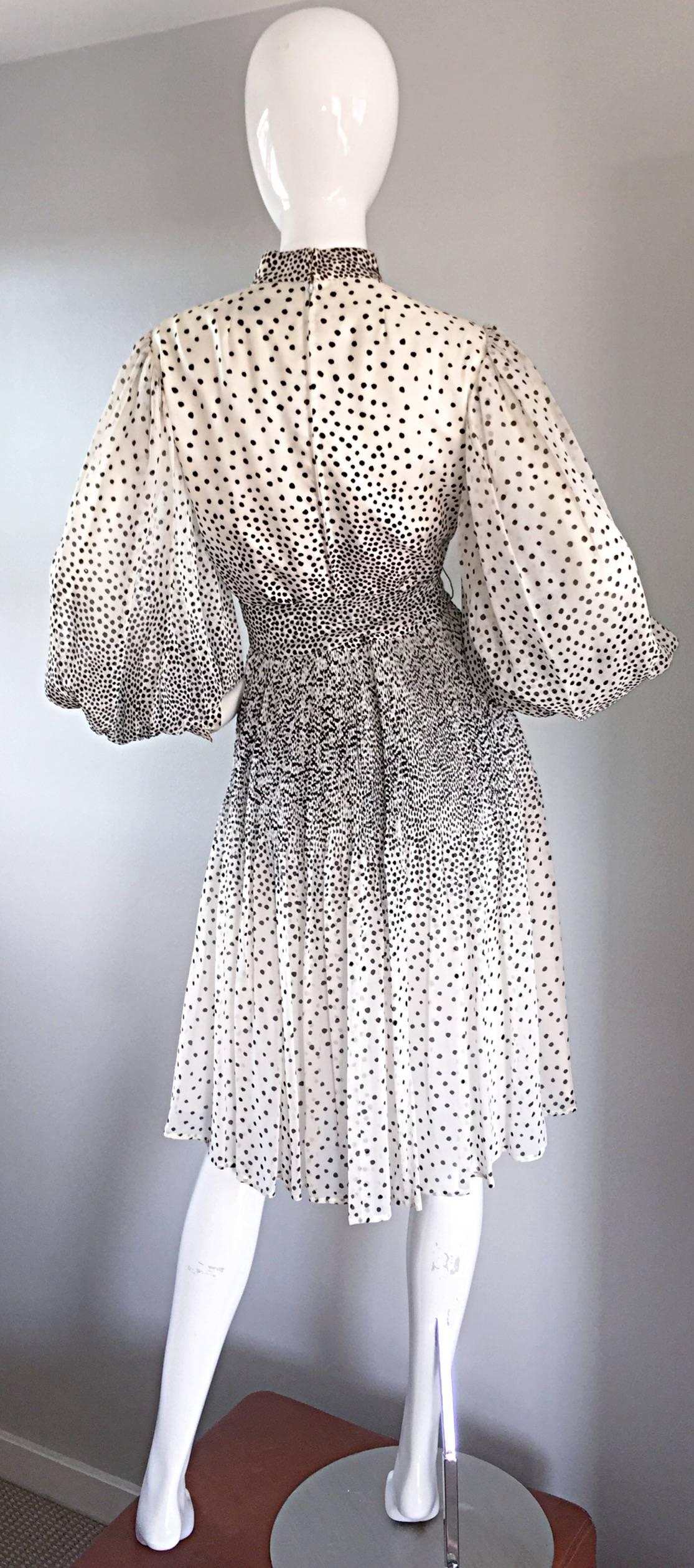 Women's Mollie Parnis 1960s 60s Chic Black & White Polka Dot Silk Chiffon Vintage Dress 
