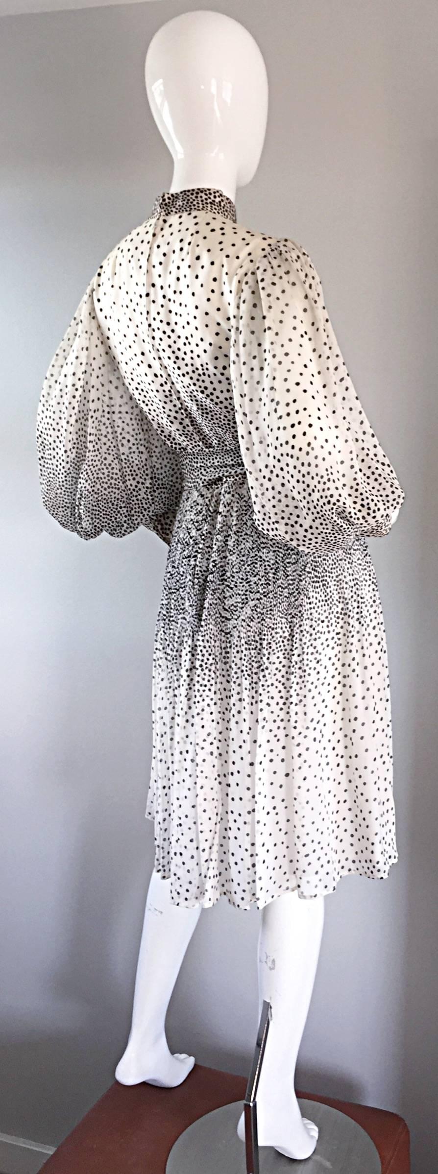 Gray Mollie Parnis 1960s 60s Chic Black & White Polka Dot Silk Chiffon Vintage Dress 