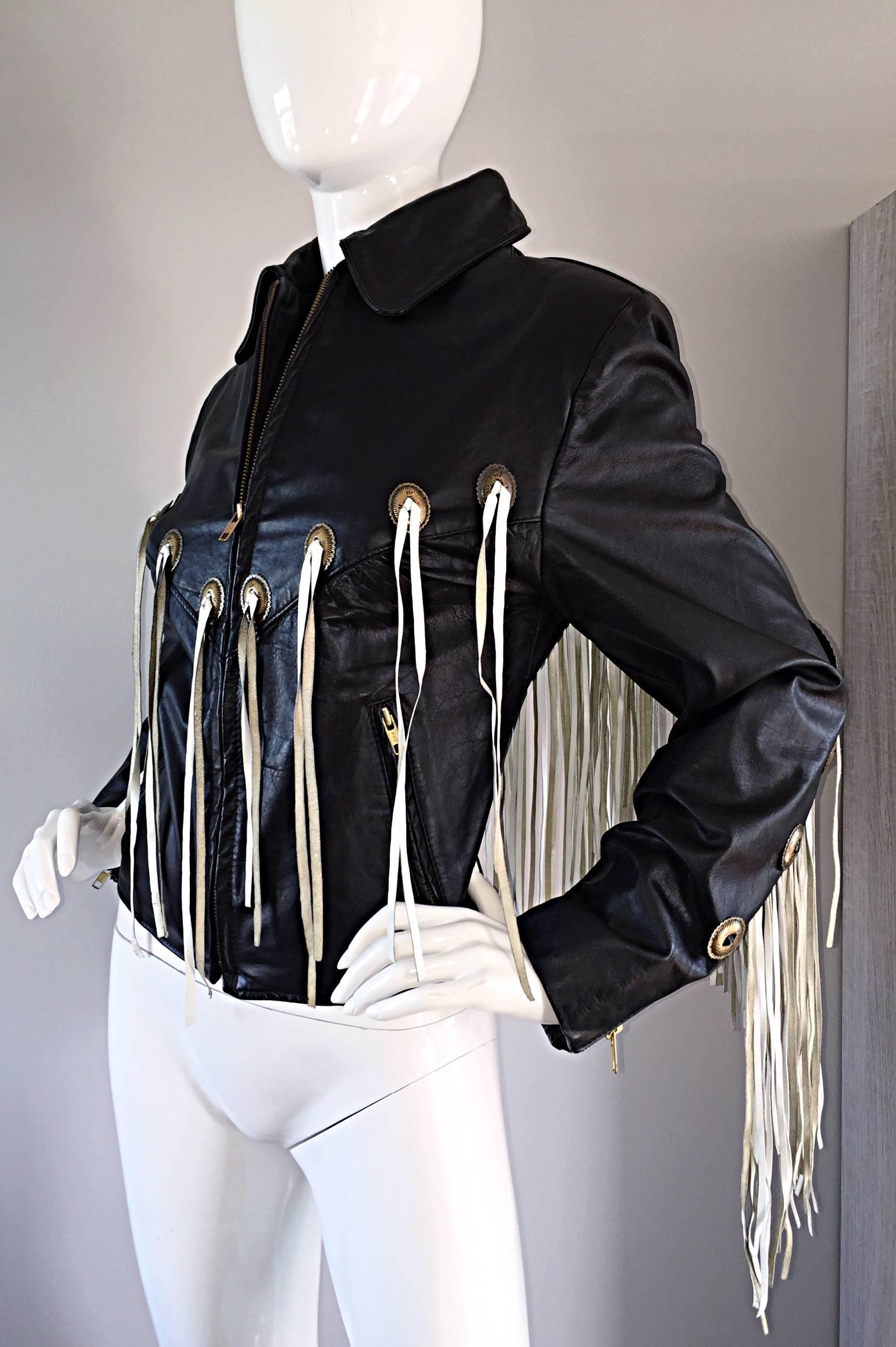 Amazing Vintage Black and White Leather Fringe Biker Western Jacket In Excellent Condition In San Diego, CA