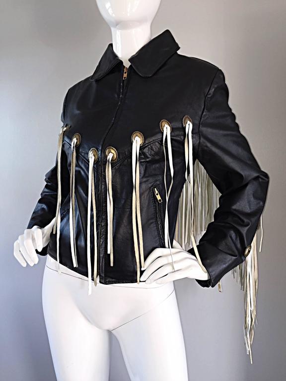 Amazing Vintage Black and White Leather Fringe Biker Western Jacket at 1stDibs white leather