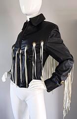Amazing Vintage Black and White Leather Fringe Biker Western Jacket