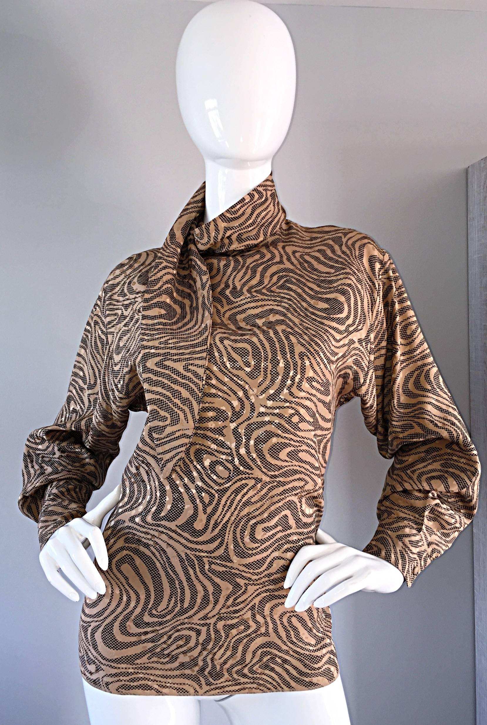 Brown Chic Vintage St. John Zebra Animal Print Swirl Dolman Sleeve Silk Scarf Blouse