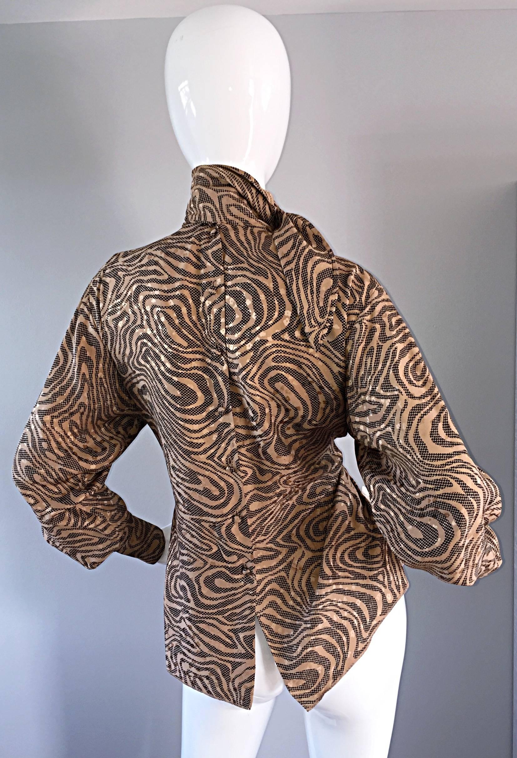 Chic Vintage St. John Zebra Animal Print Swirl Dolman Sleeve Silk Scarf Blouse 2