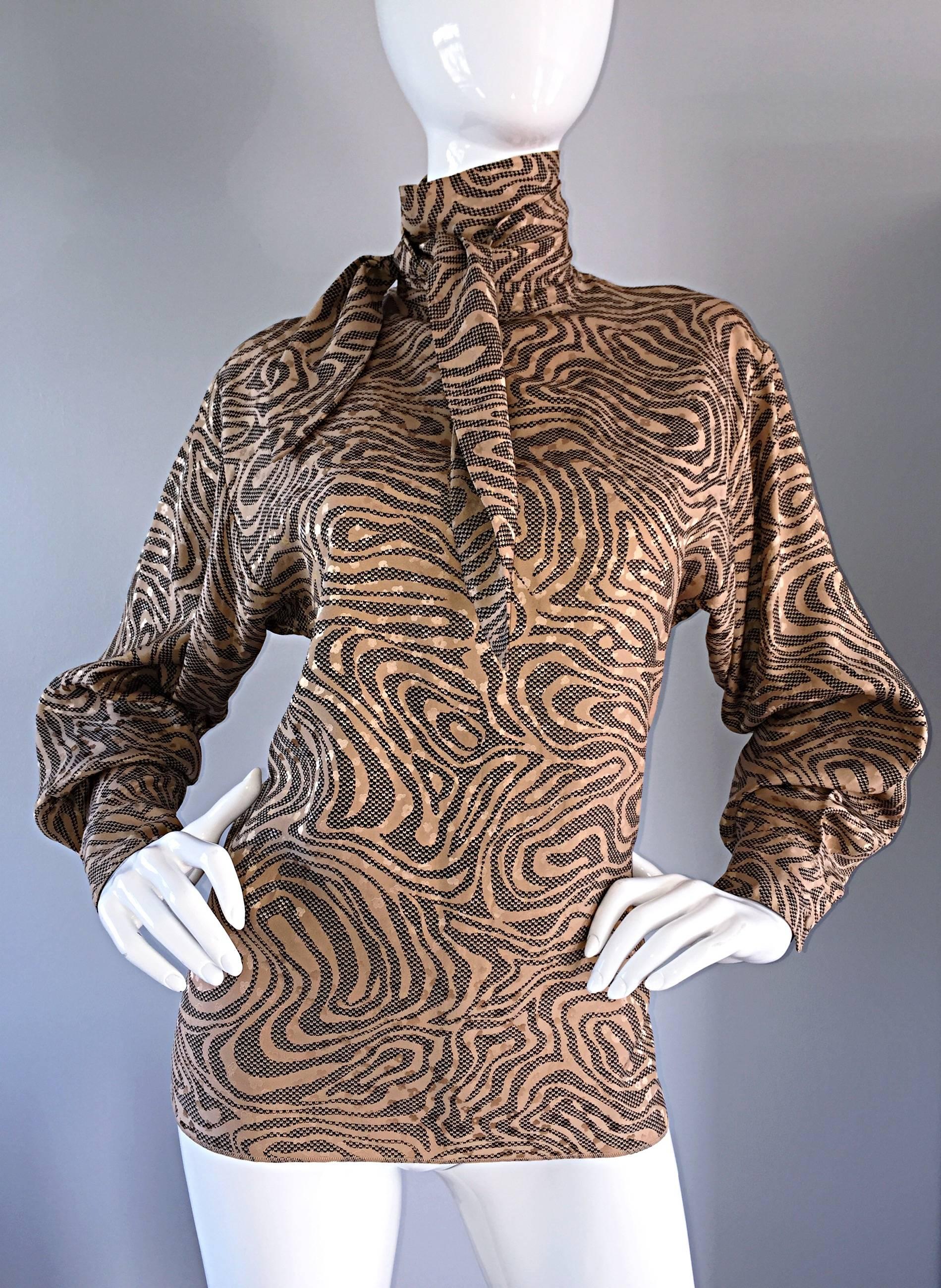 Chic Vintage St. John Zebra Animal Print Swirl Dolman Sleeve Silk Scarf Blouse 3
