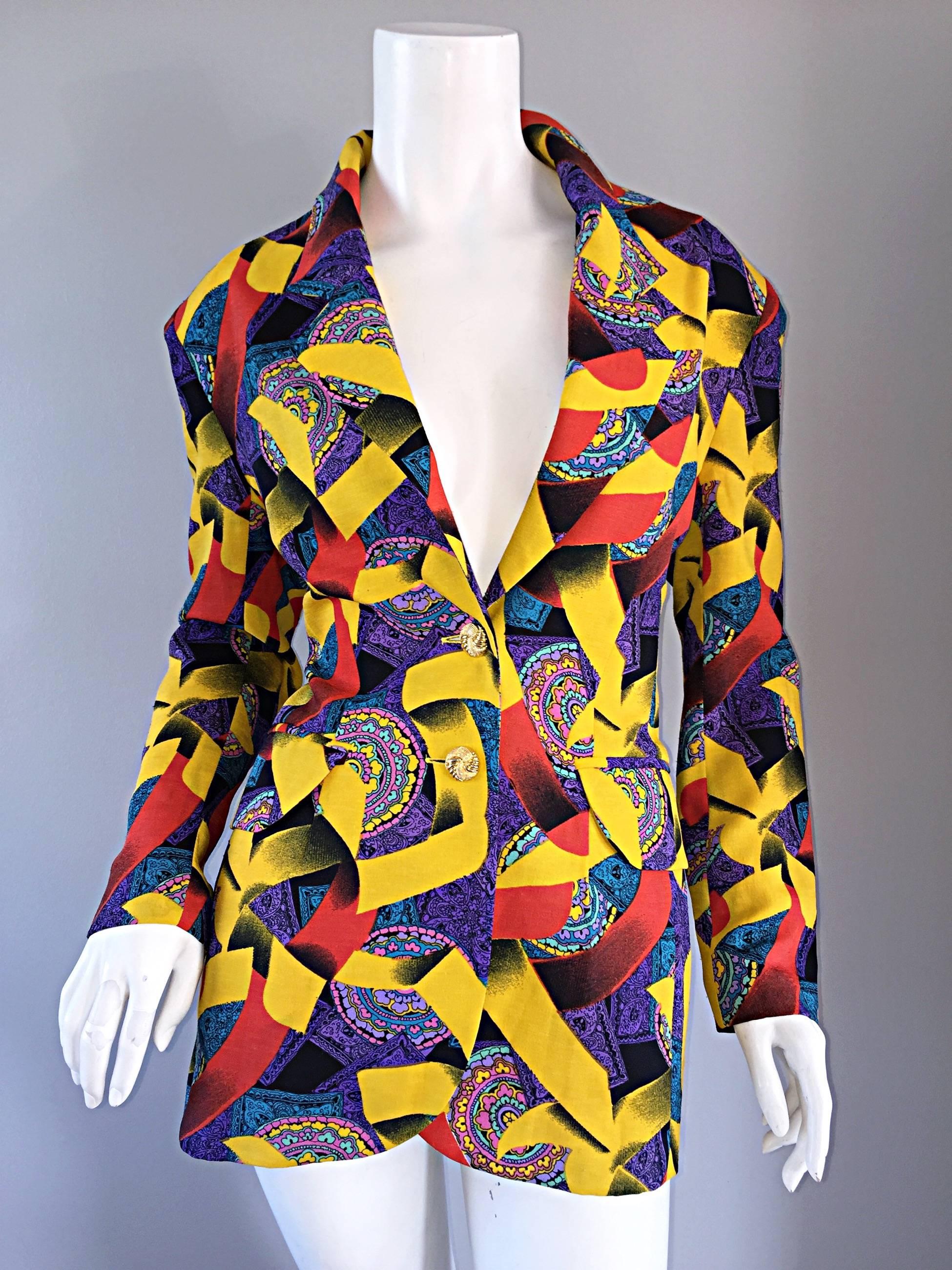 Beige Roberto Di Cabrini Vintage ' Ribbon + Paisley ' Print Colorful Cotton Blazer  For Sale