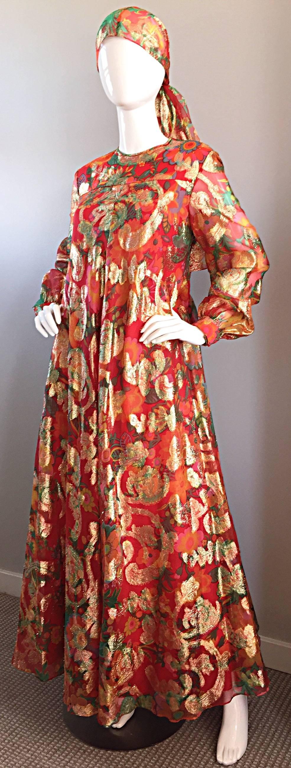 Important 1960s Vintage Oscar de la Renta Silk Gown w/ Head Scarf/ Belt  1