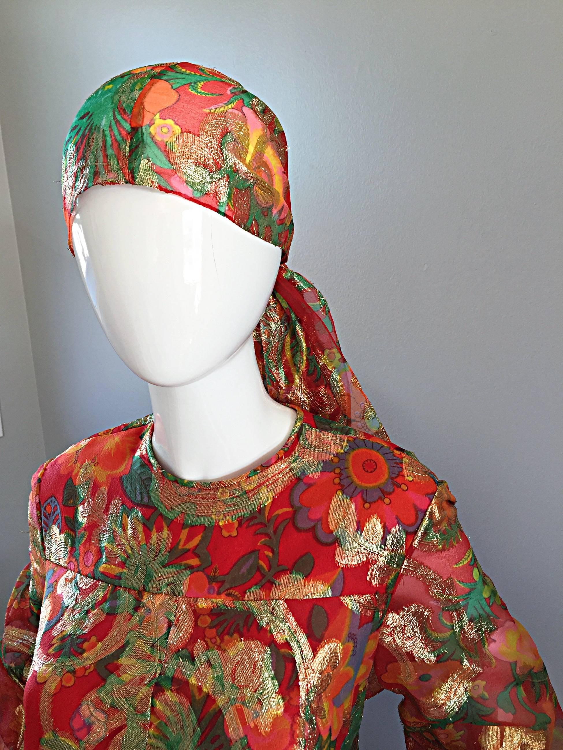Important 1960s Vintage Oscar de la Renta Silk Gown w/ Head Scarf/ Belt 4