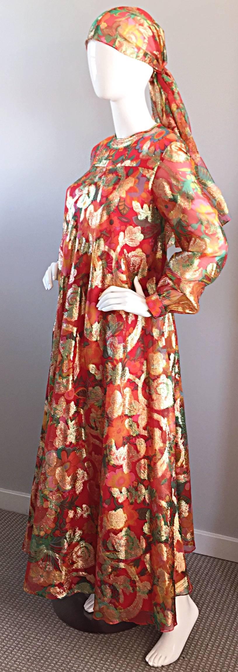 Important 1960s Vintage Oscar de la Renta Silk Gown w/ Head Scarf/ Belt  2