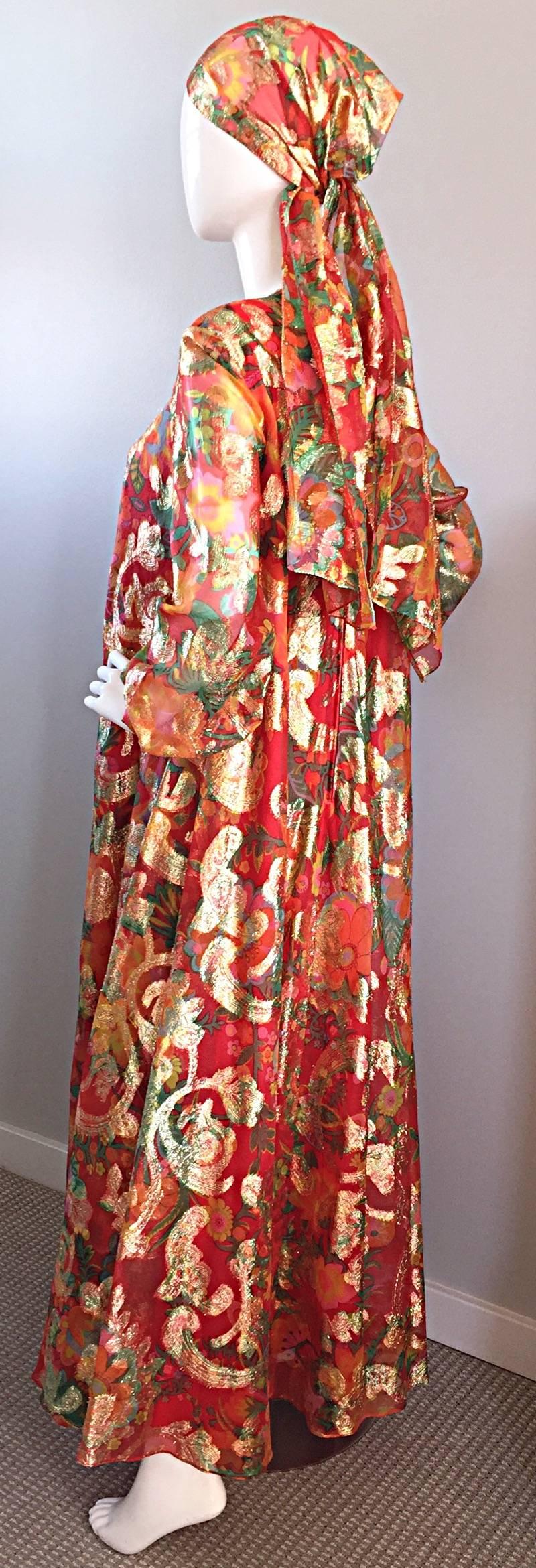 Important 1960s Vintage Oscar de la Renta Silk Gown w/ Head Scarf/ Belt 3