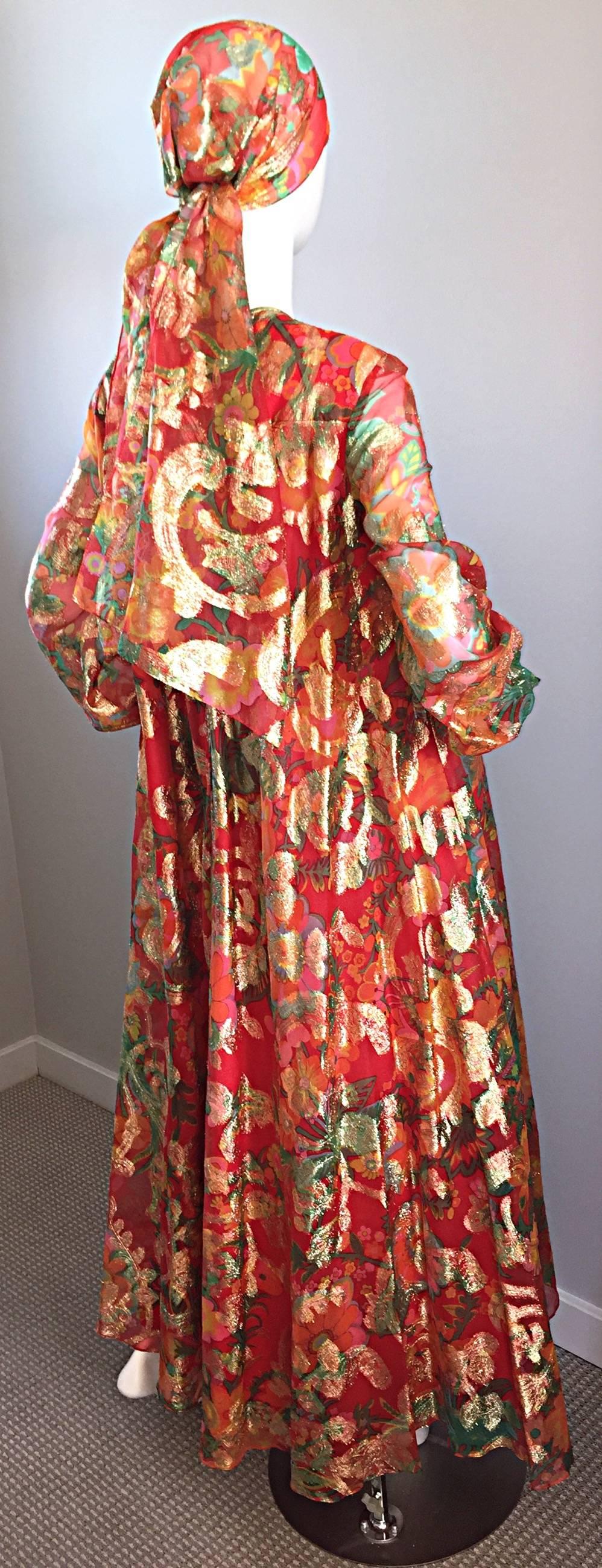 Important 1960s Vintage Oscar de la Renta Silk Gown w/ Head Scarf/ Belt  In Excellent Condition In San Diego, CA