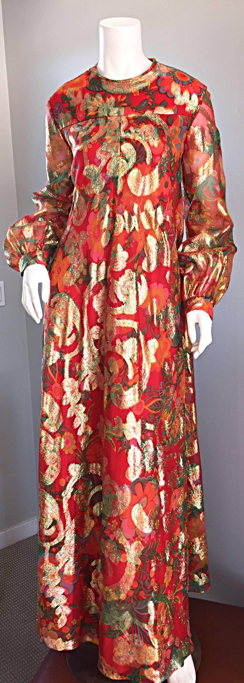 Women's Important 1960s Vintage Oscar de la Renta Silk Gown w/ Head Scarf/ Belt 