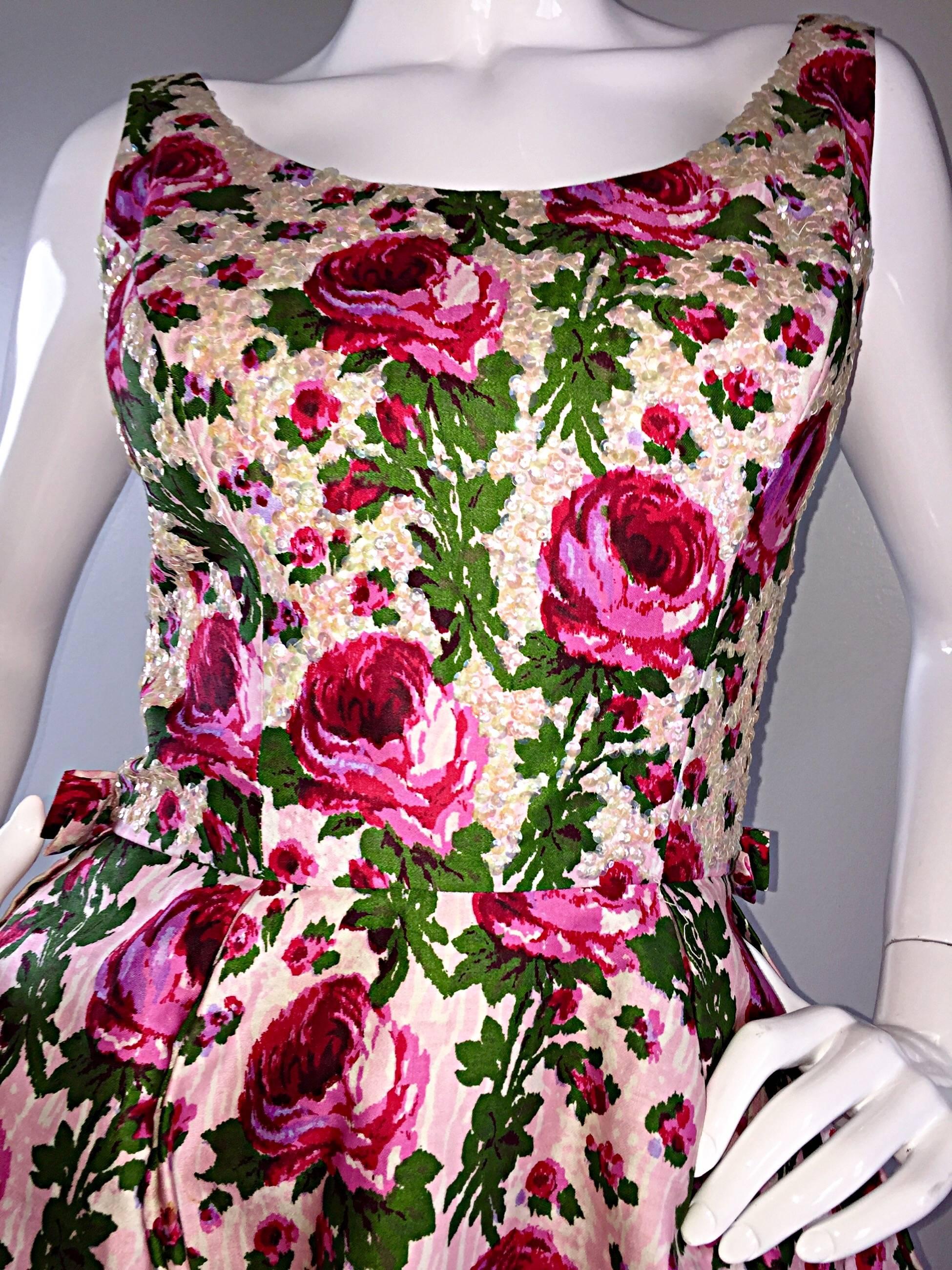 Incredible Vintage 1950s Werle of Beverly Hill Rose Print Sequin 50s Silk Dress 6