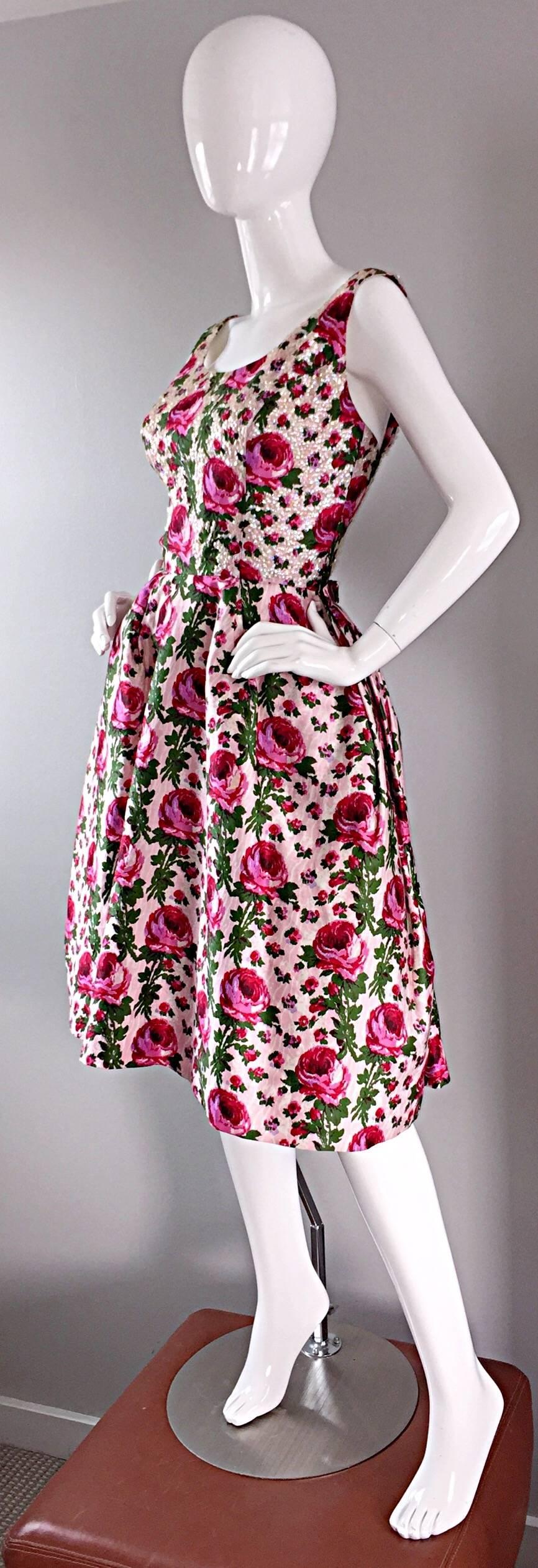 Probably my favorite 1950s dress...EVER! Vintage Welre, of Beverly Hills, Demi Couture sleeveless cocktail dress! Wonderful rose print, in pink and green. Built in crinoline, for an extra full skirt, along with built in support to keep everything in