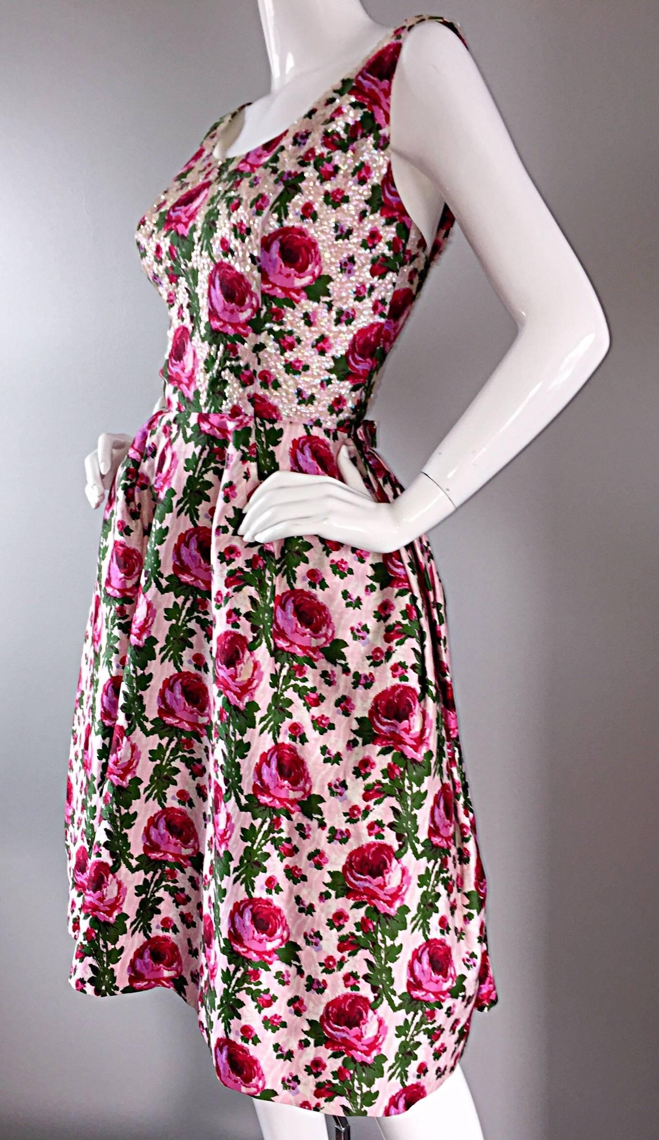 Incredible Vintage 1950s Werle of Beverly Hill Rose Print Sequin 50s Silk Dress 2